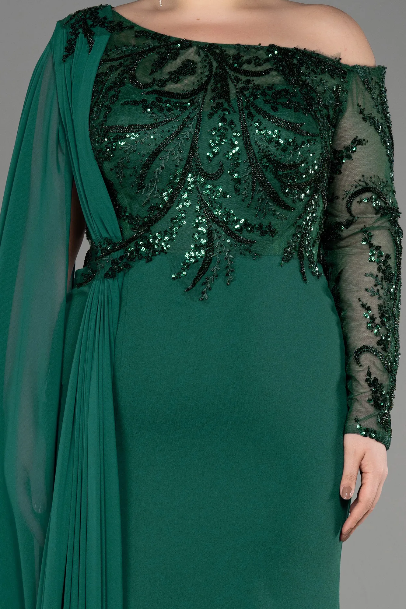 Emerald Green-Long Dantelle Plus Size Evening Dress ABU3512