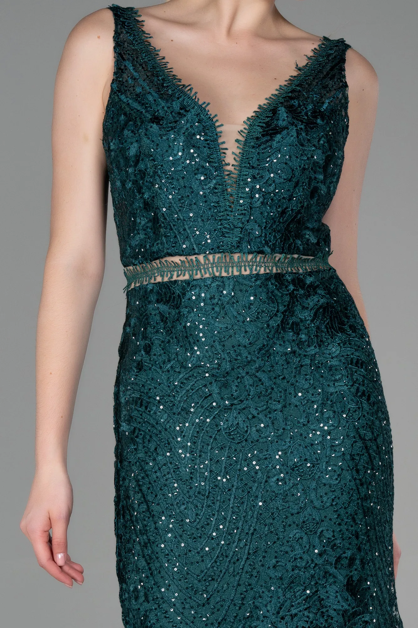 Emerald Green-Long Laced Evening Dress ABU1611