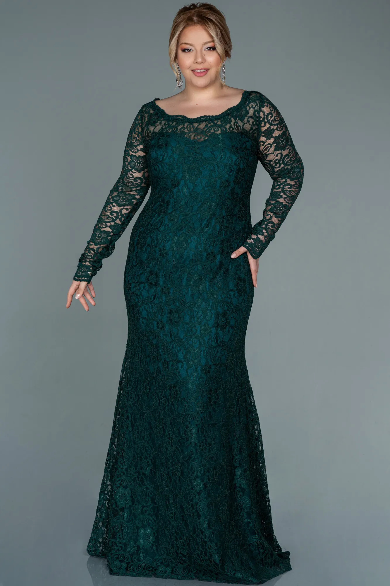 Emerald Green-Long Laced Oversized Evening Dress ABU1574