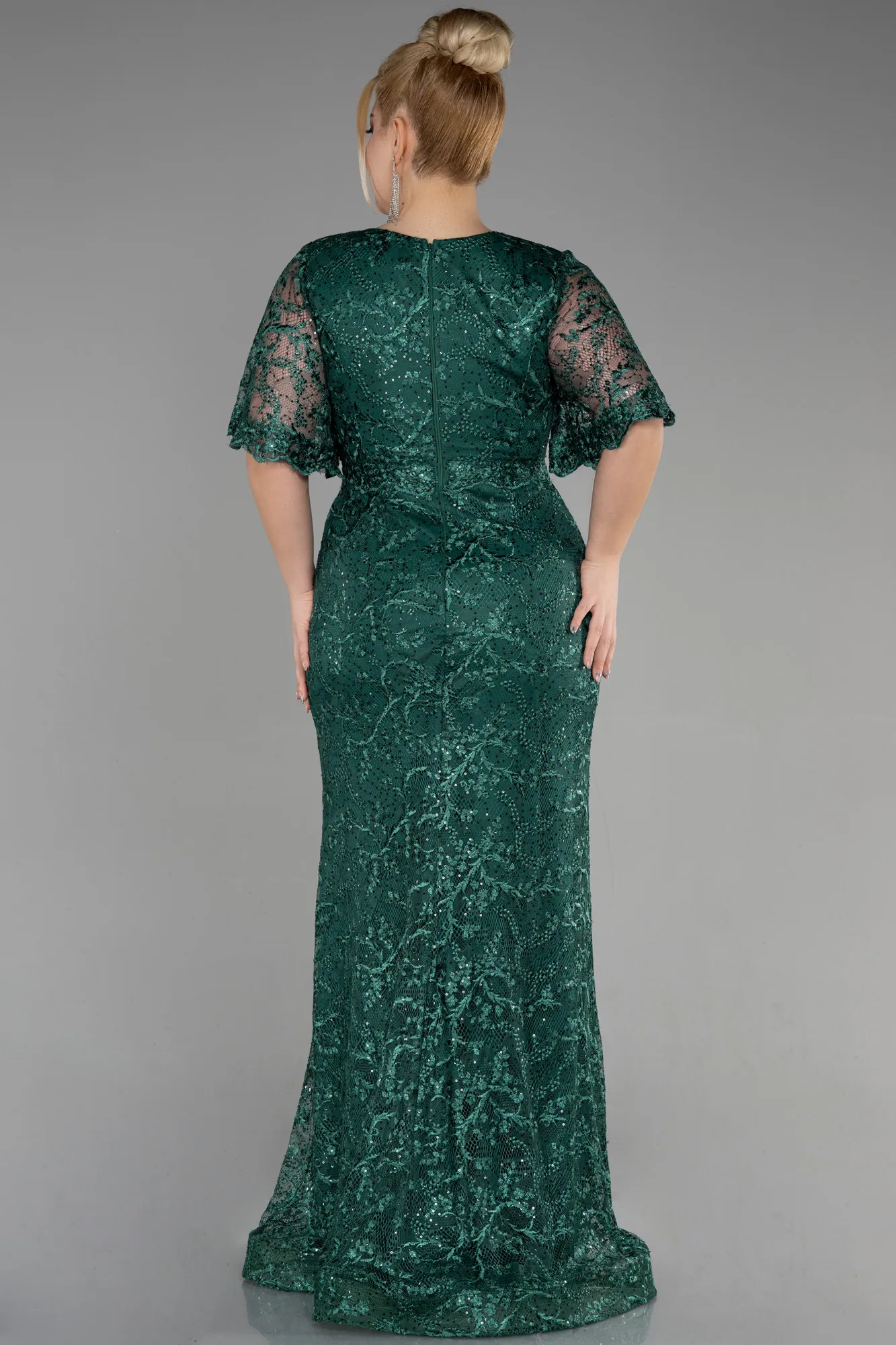 Emerald Green-Long Laced Plus Size Engagement Dress ABU3614