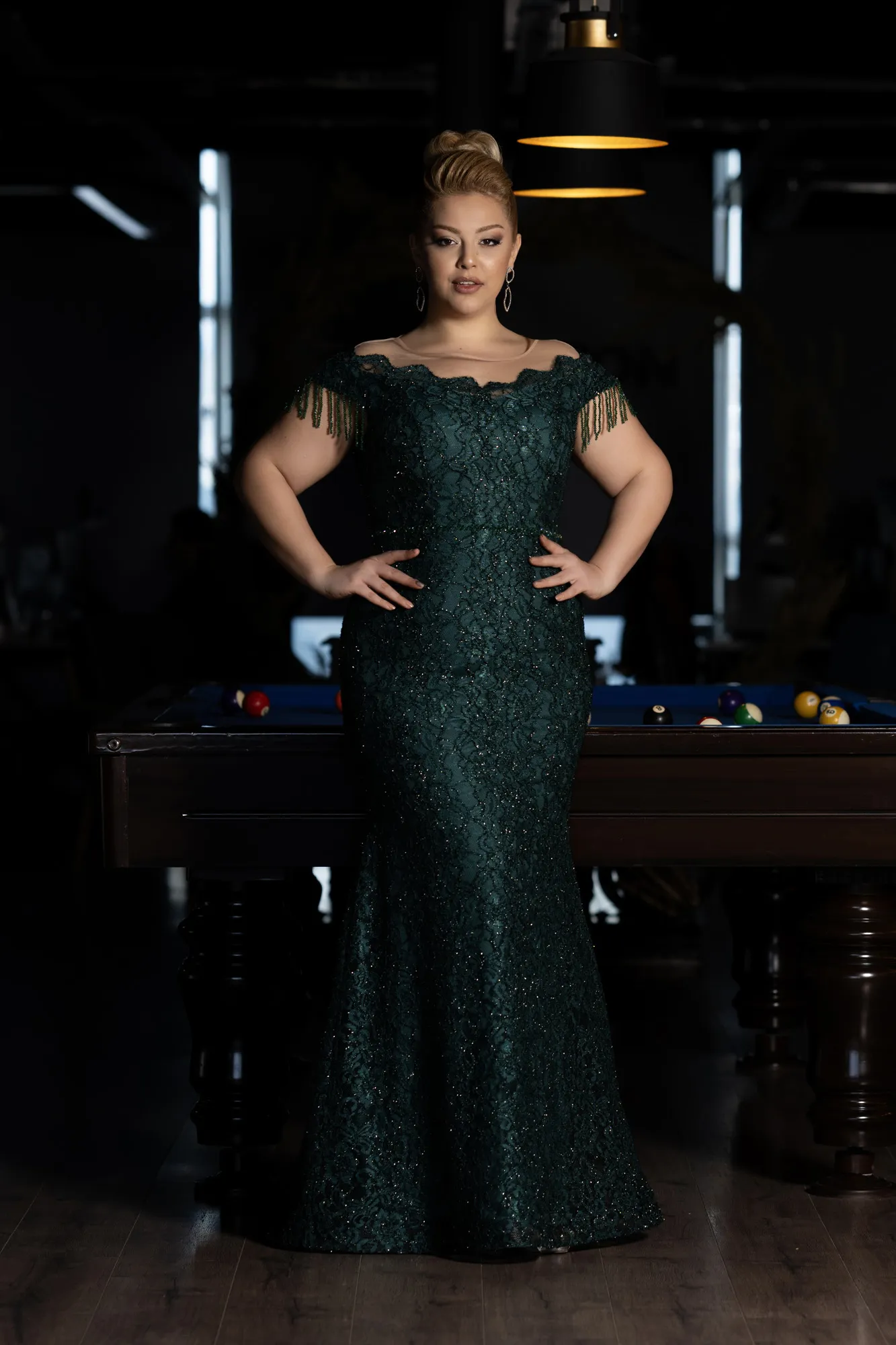 Emerald Green-Long Laced Plus Size Evening Dress ABU3435