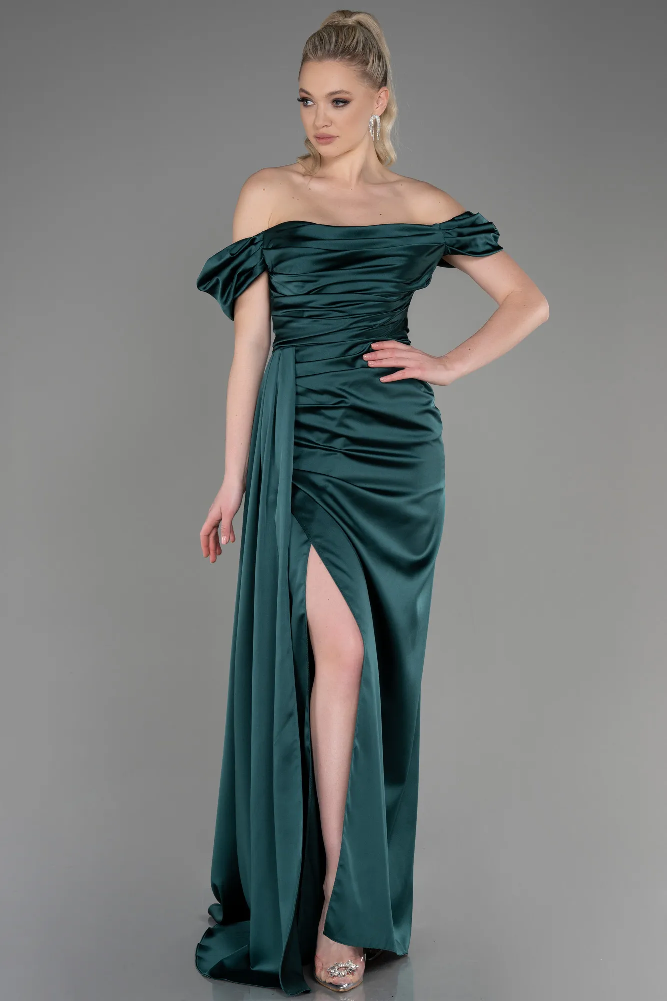 Emerald Green-Long Satin Engagement Dress ABU1606