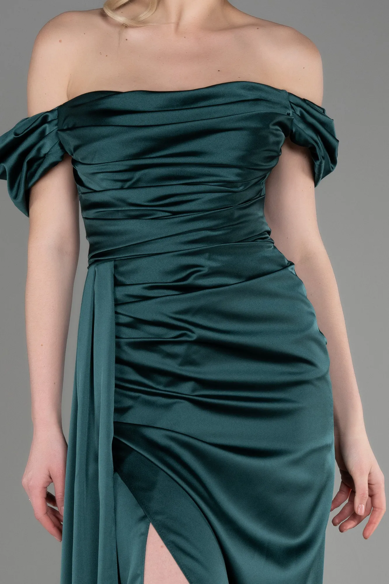 Emerald Green-Long Satin Engagement Dress ABU1606