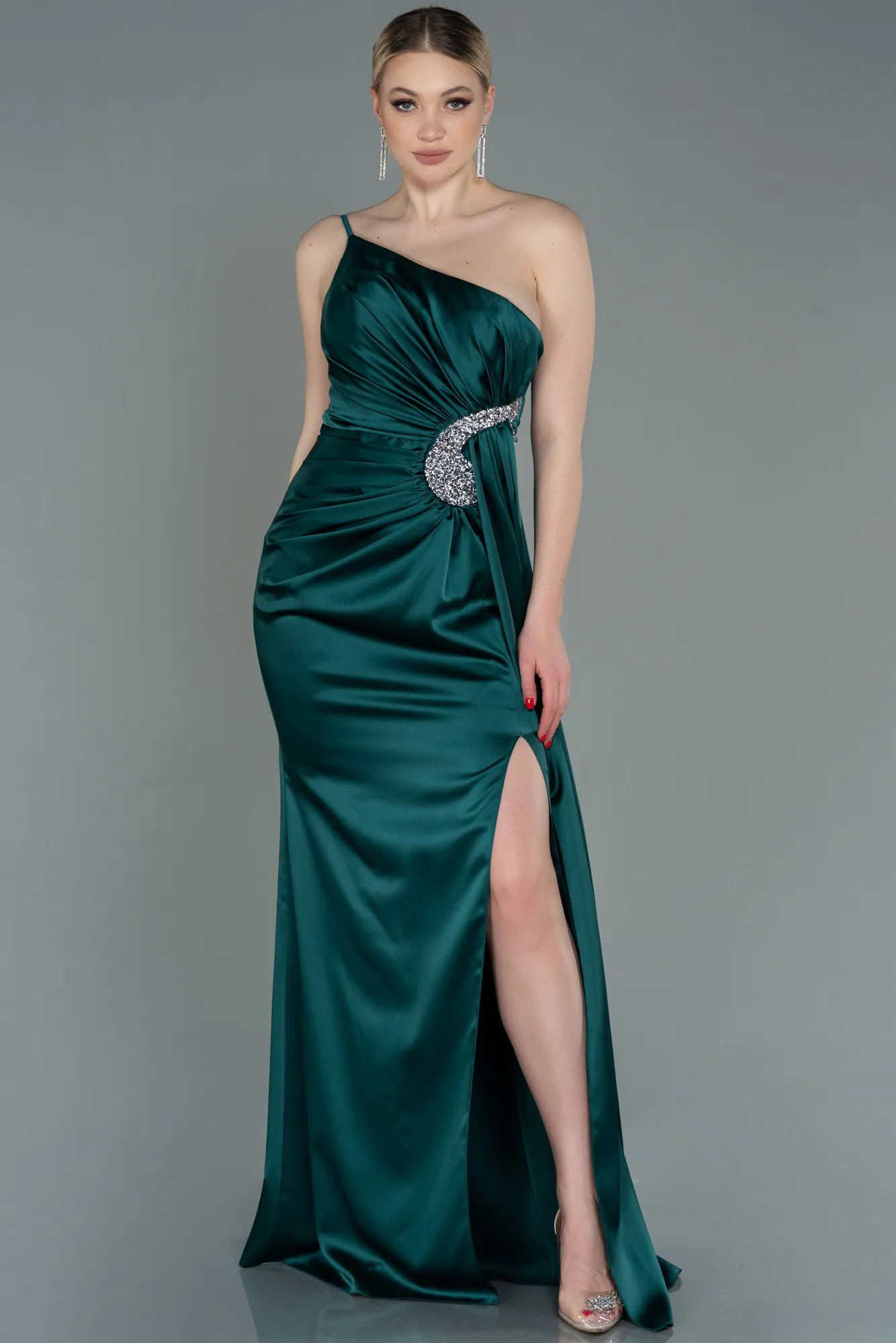 Emerald Green-Long Satin Engagement Dress ABU3088