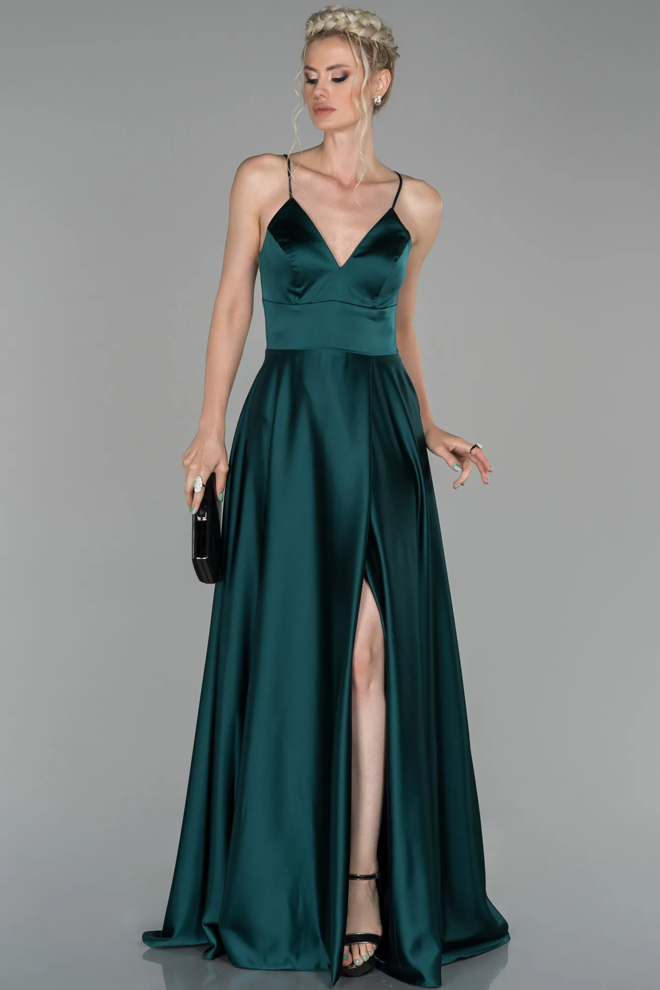 Emerald Green-Long Satin Evening Dress ABU1458