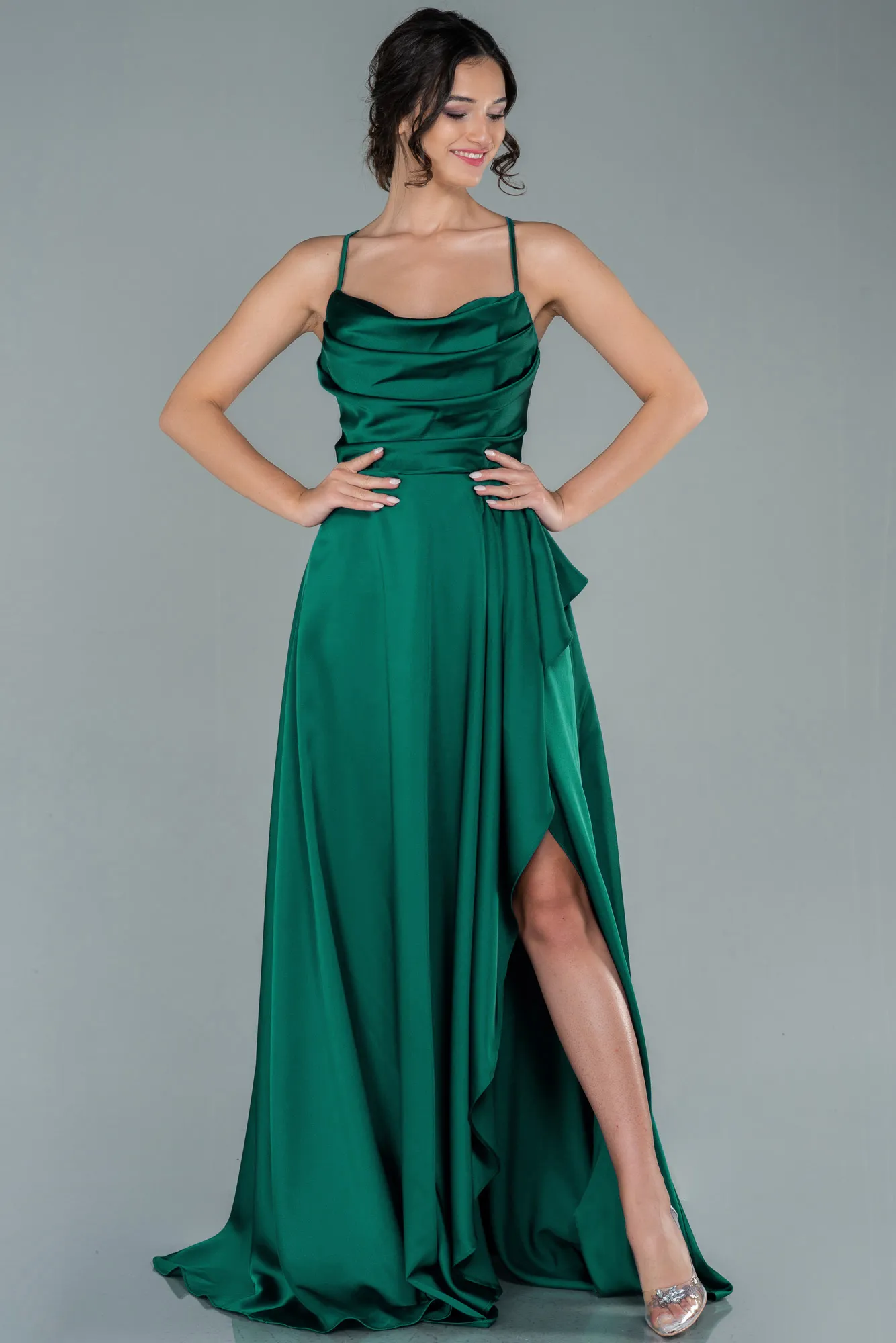 Emerald Green-Long Satin Evening Dress ABU1843
