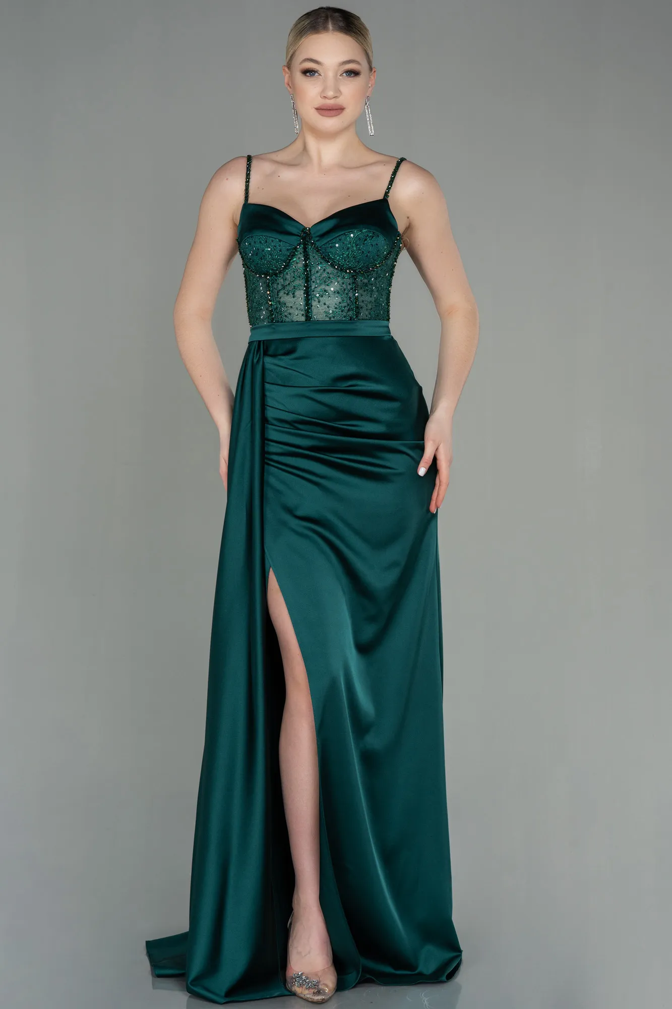 Emerald Green-Long Satin Evening Dress ABU2130