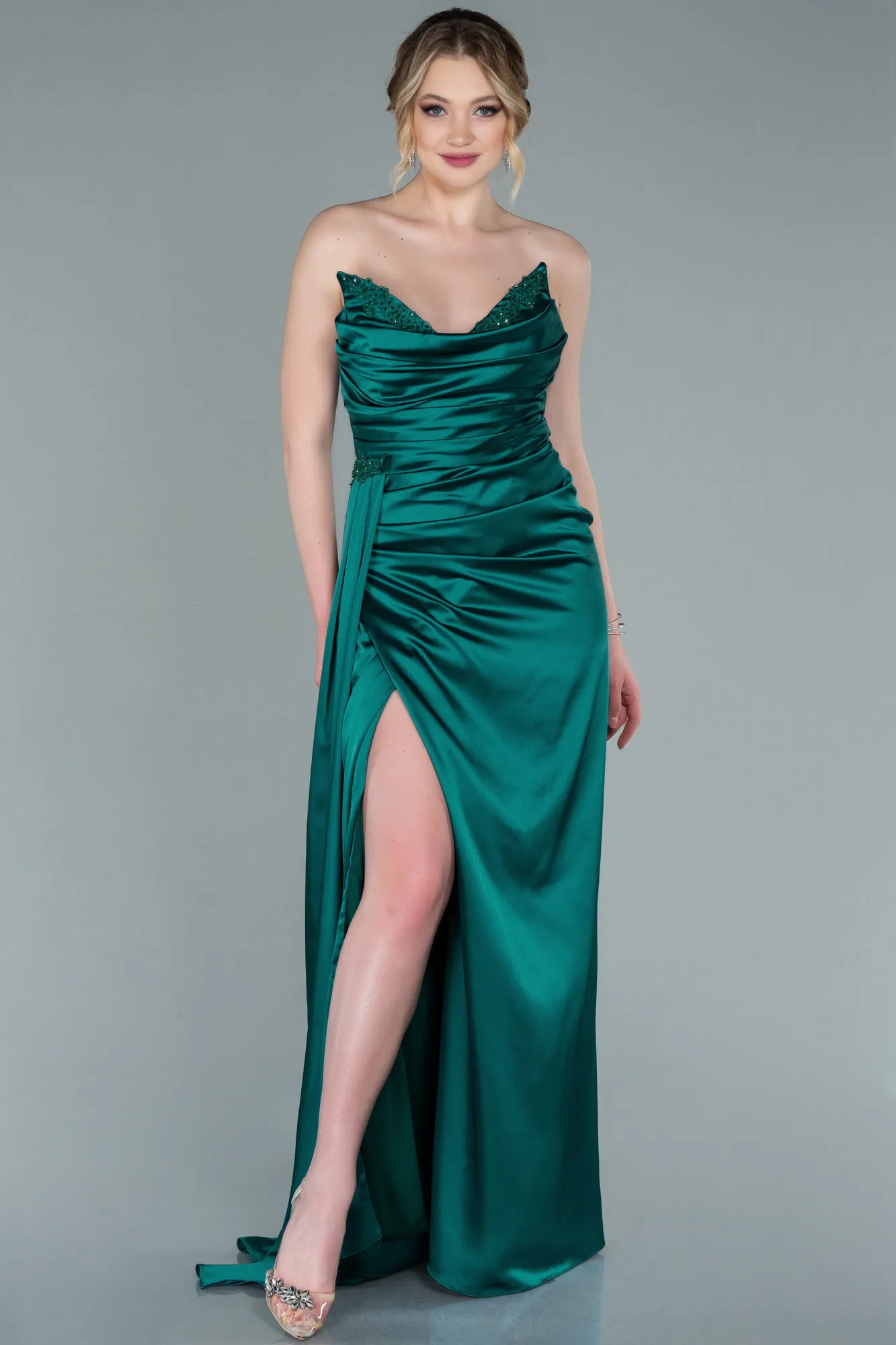 Emerald Green-Long Satin Evening Dress ABU2323