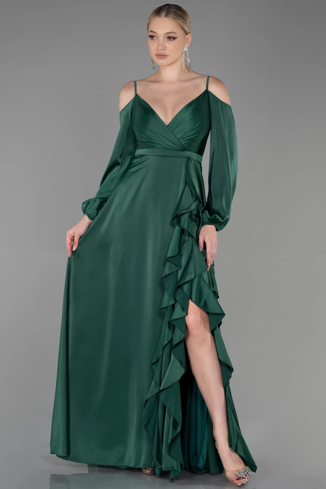 Emerald Green-Long Satin Evening Dress ABU2339