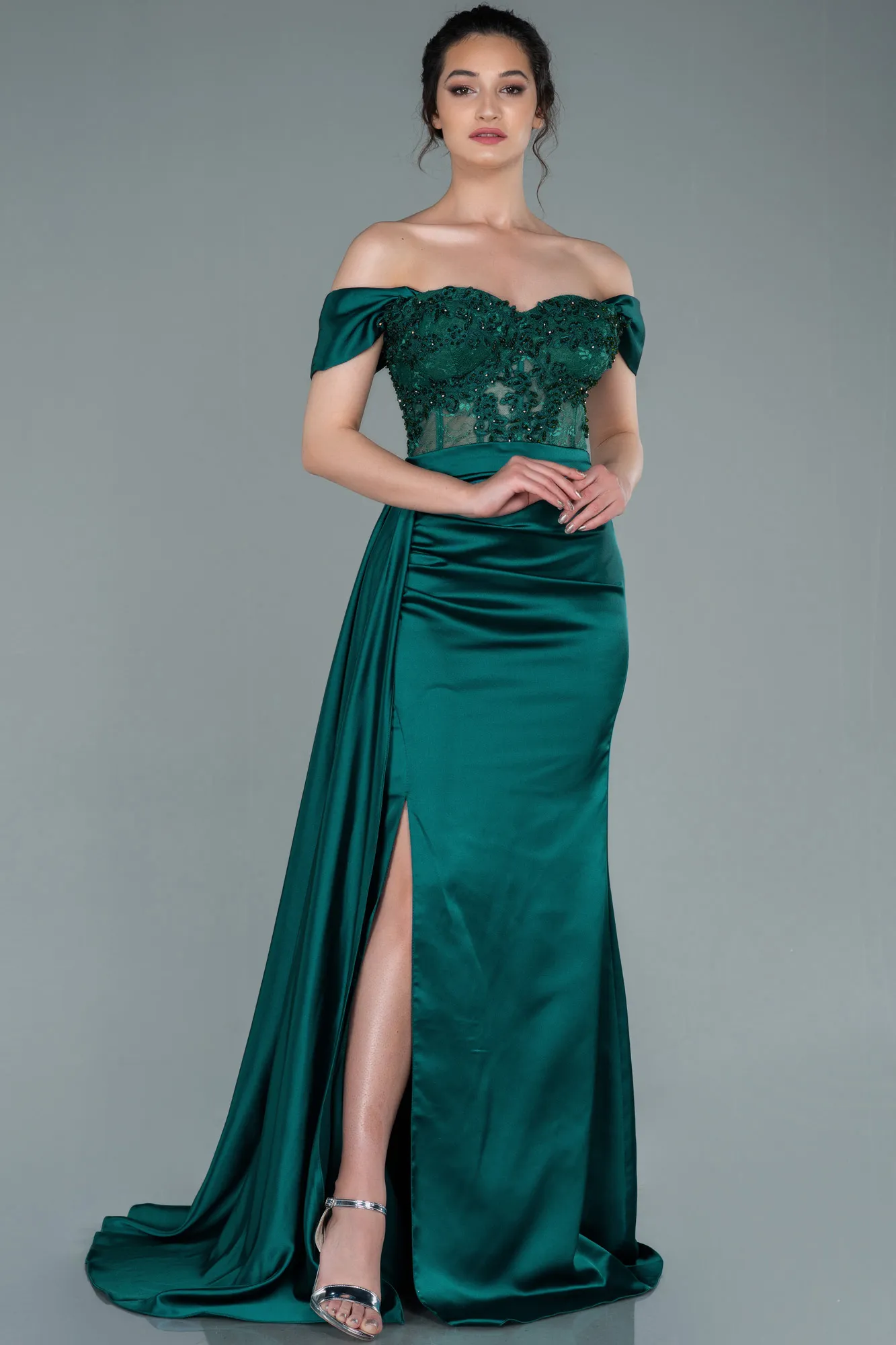 Emerald Green-Long Satin Evening Dress ABU2374