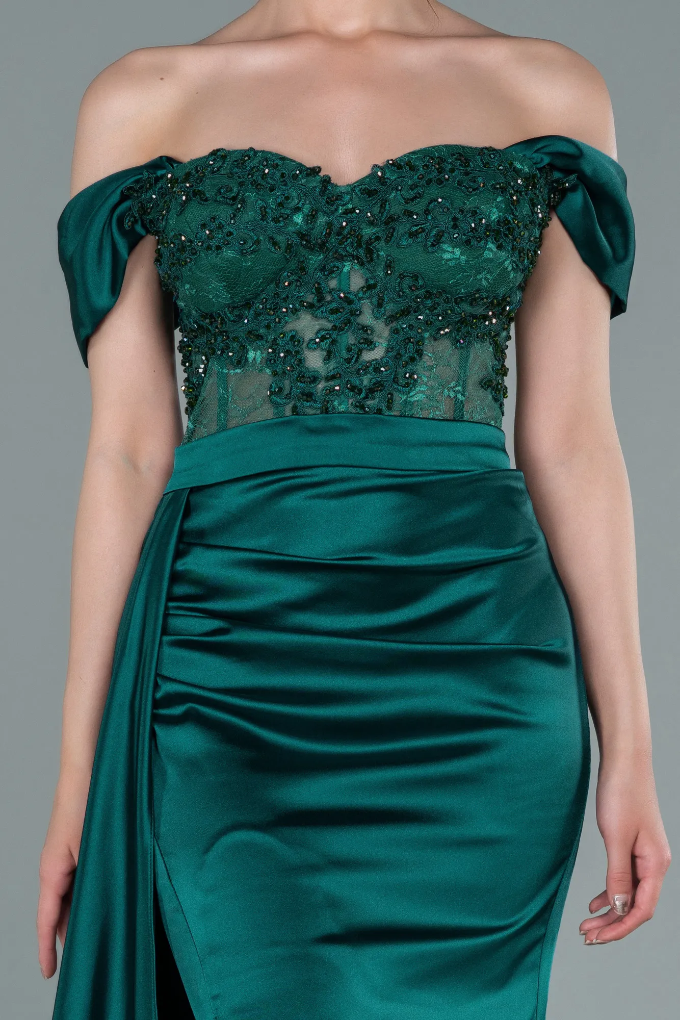 Emerald Green-Long Satin Evening Dress ABU2374