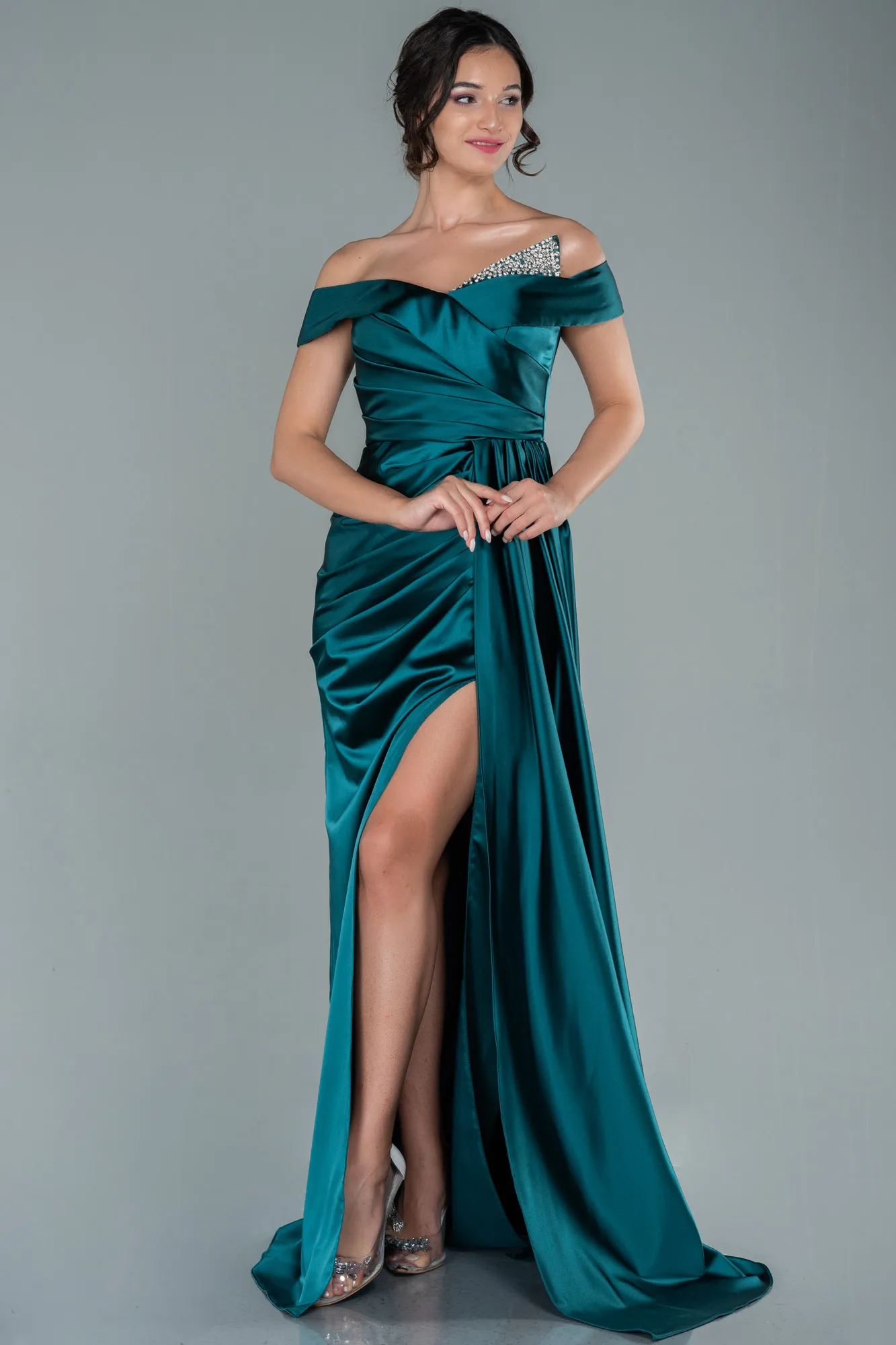 Emerald Green-Long Satin Evening Dress ABU2560