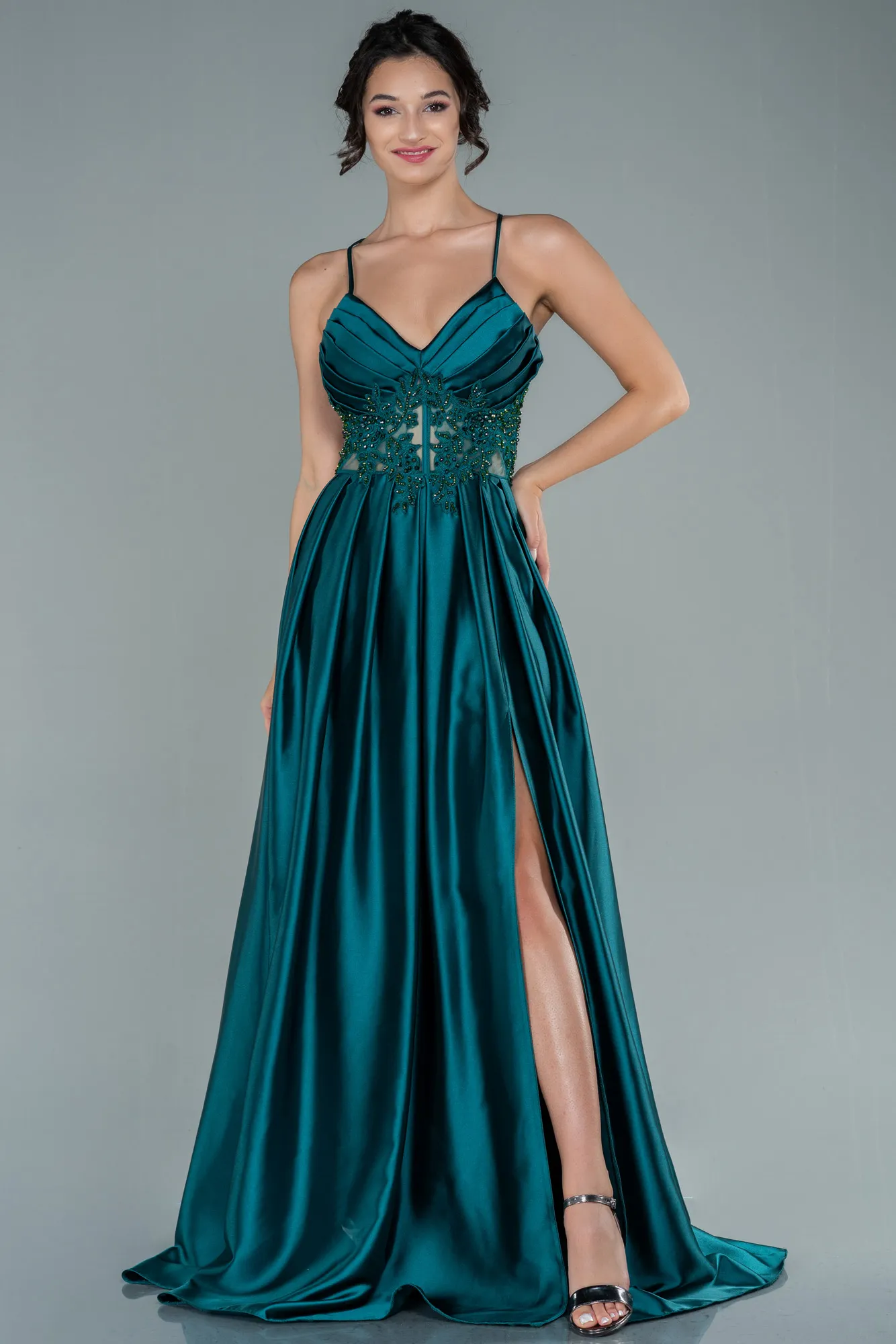 Emerald Green-Long Satin Evening Dress ABU2583