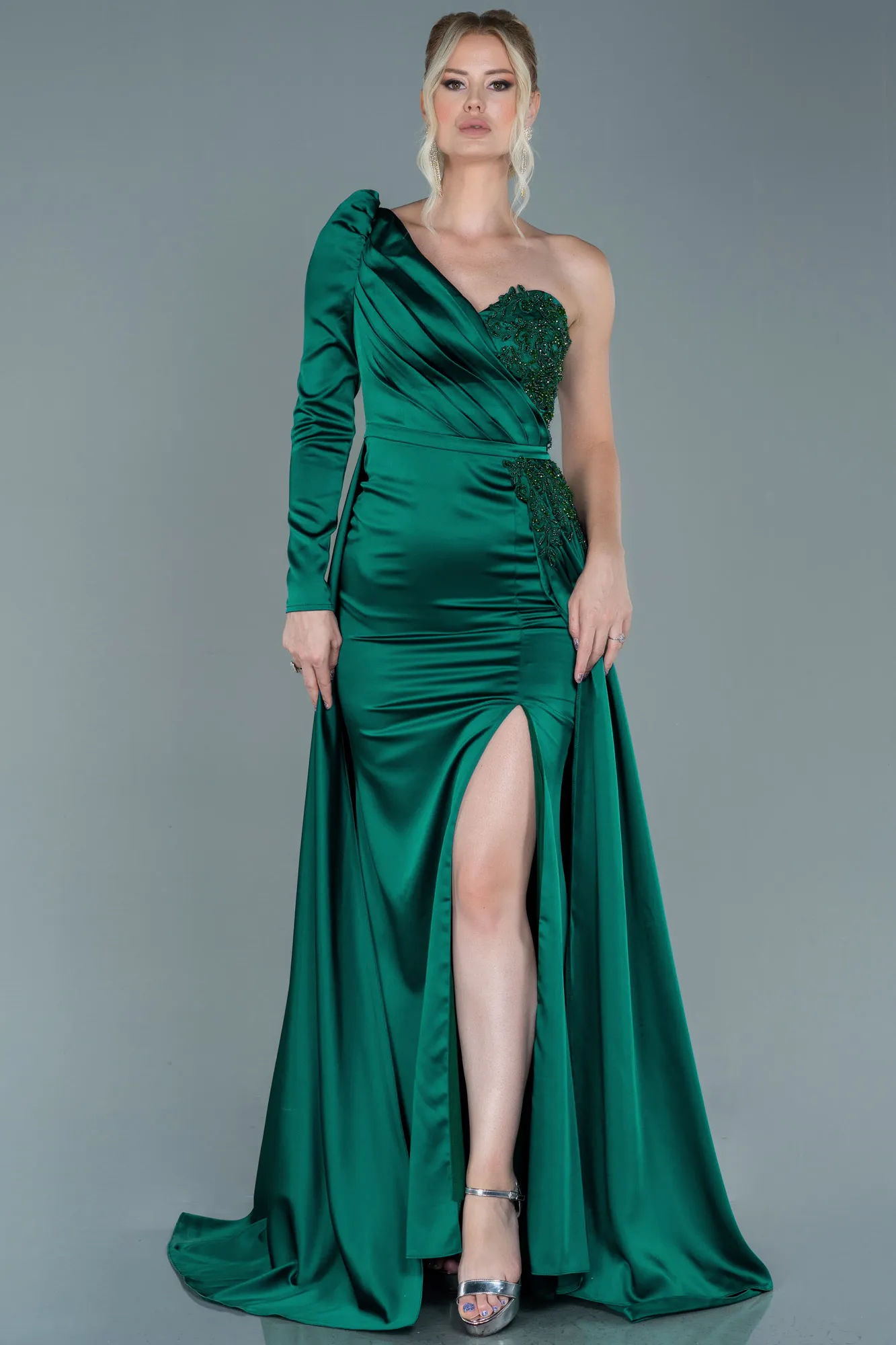 Emerald Green-Long Satin Evening Dress ABU2610