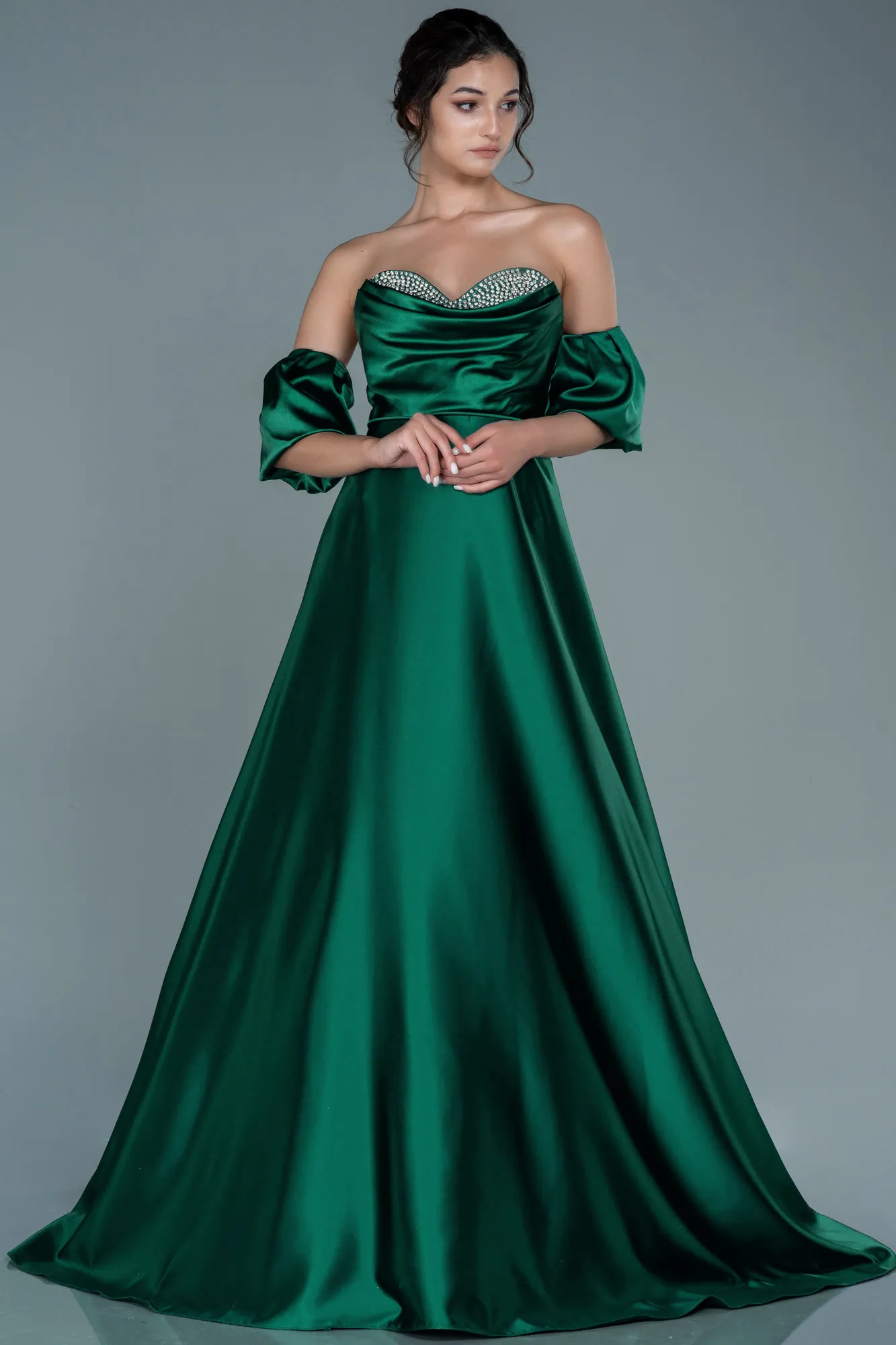 Emerald Green-Long Satin Evening Dress ABU2614