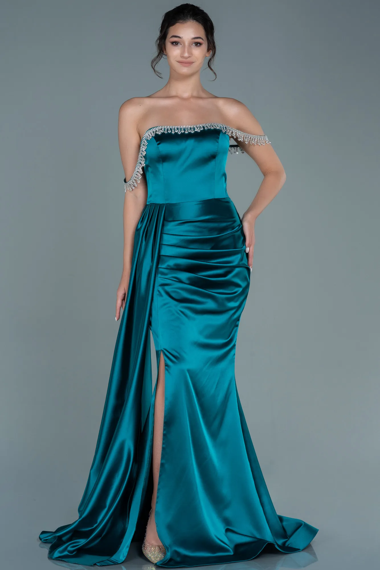 Emerald Green-Long Satin Evening Dress ABU2618