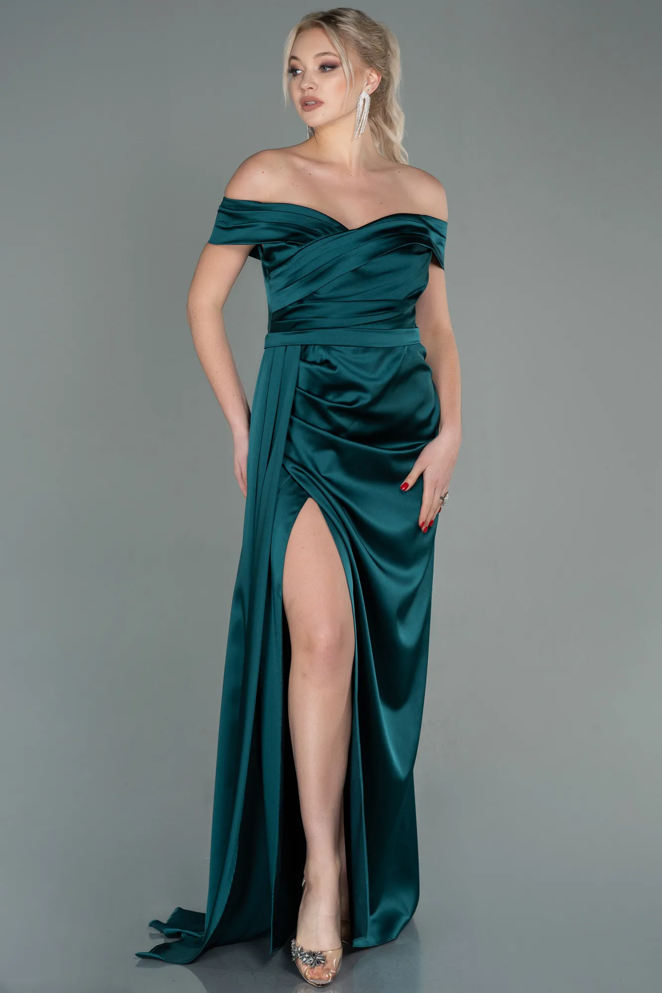 Emerald Green-Long Satin Evening Dress ABU2751