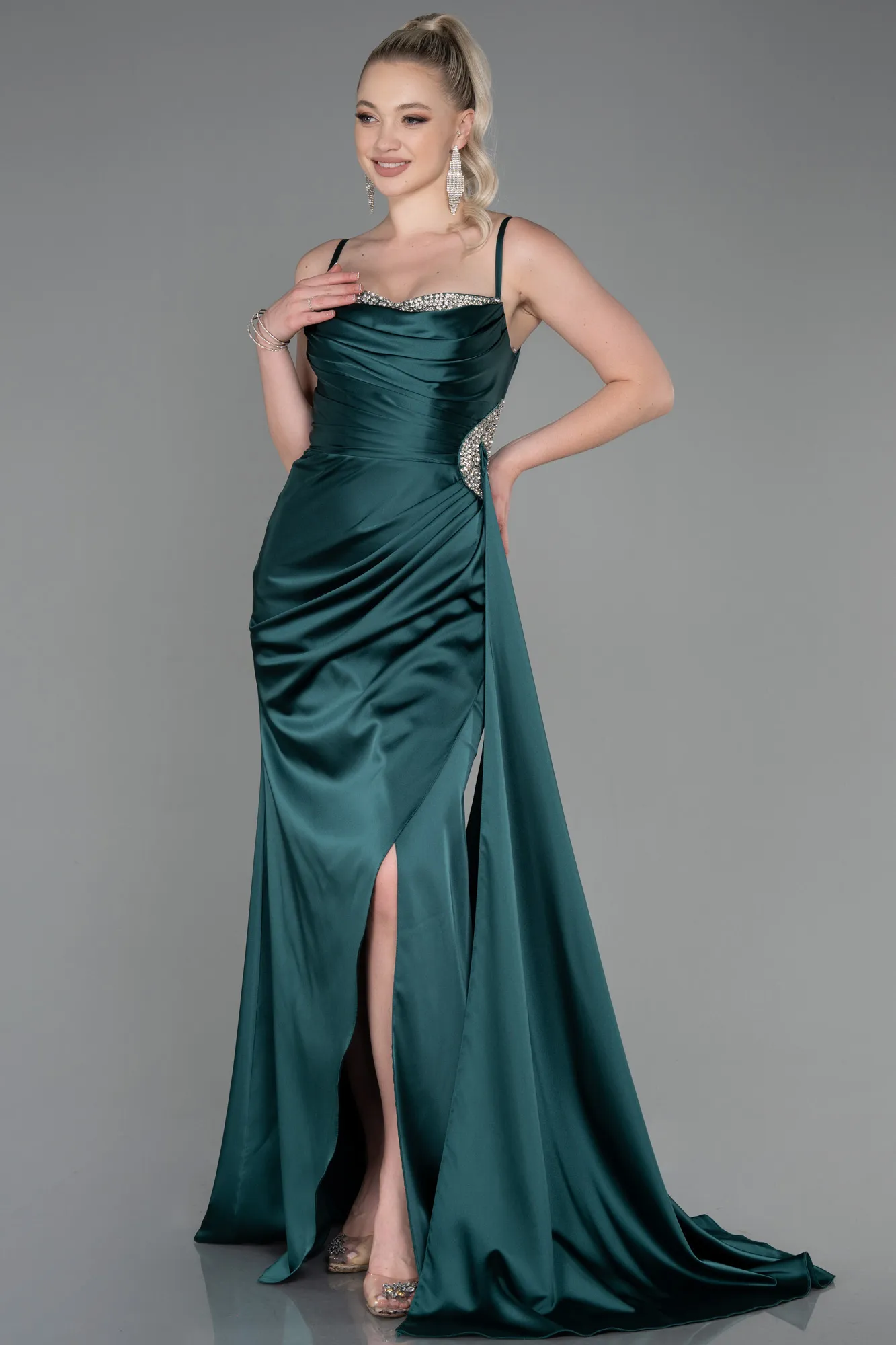 Emerald Green-Long Satin Evening Dress ABU2792