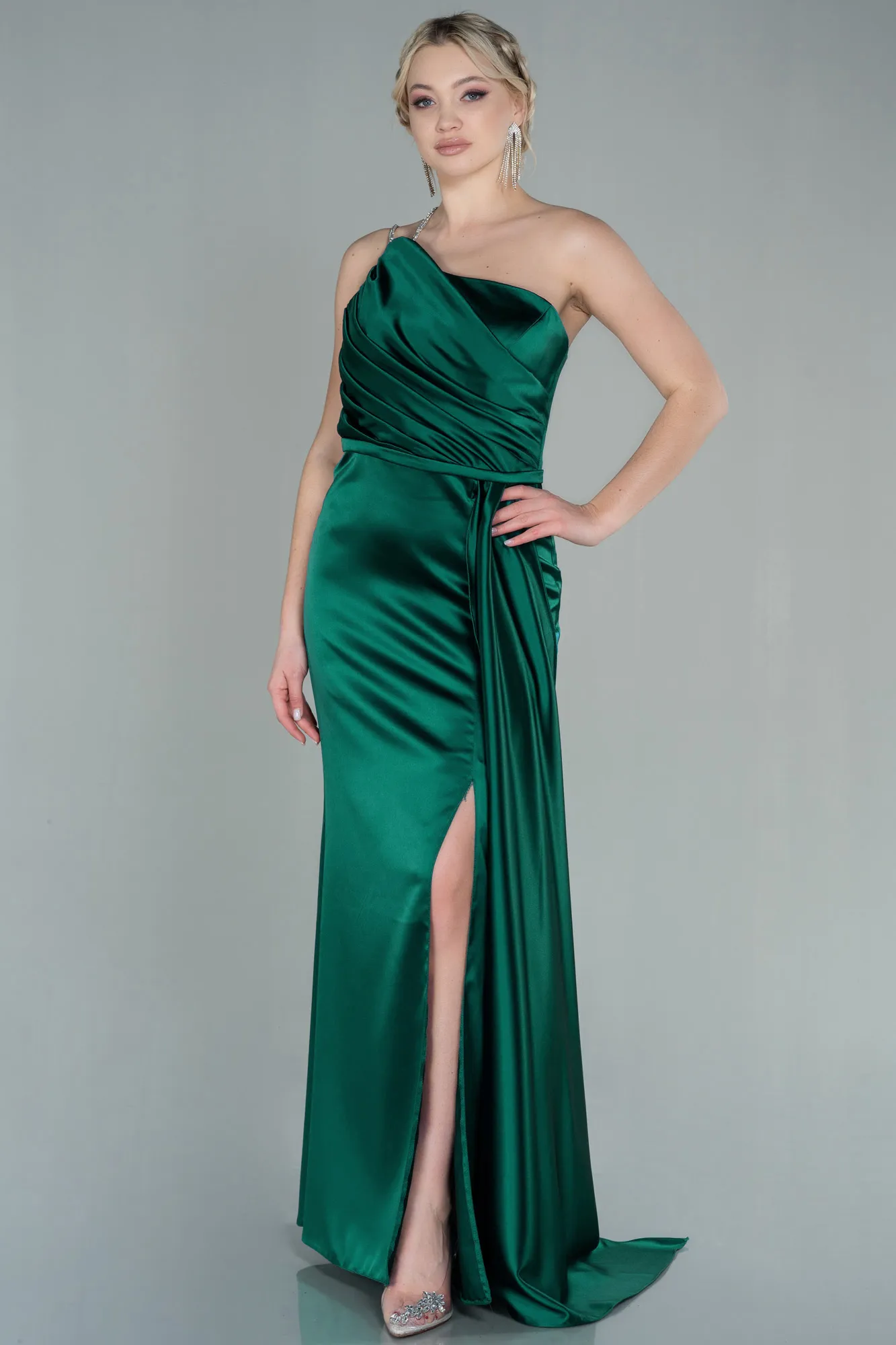 Emerald Green-Long Satin Evening Dress ABU2817