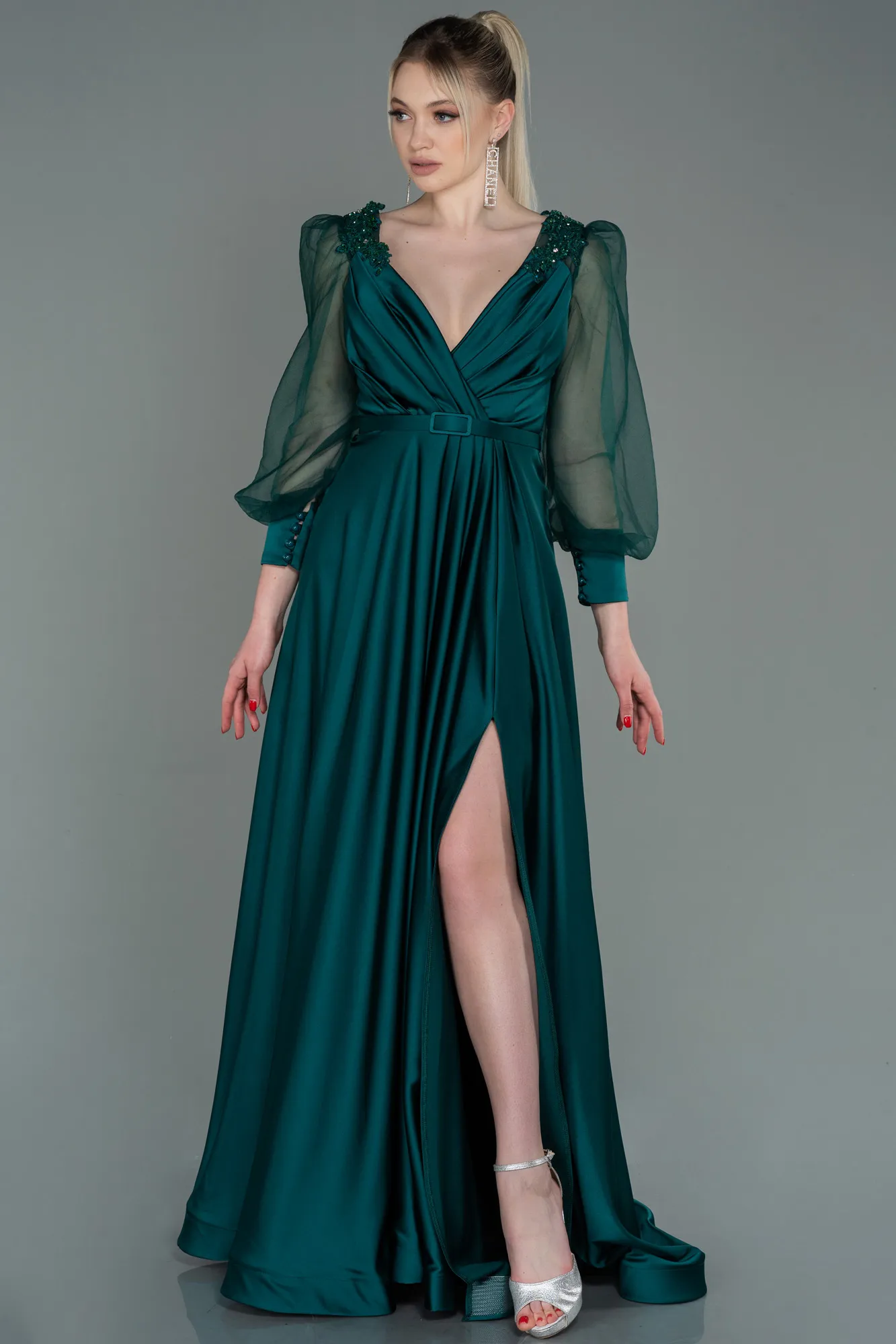 Emerald Green-Long Satin Evening Dress ABU2830