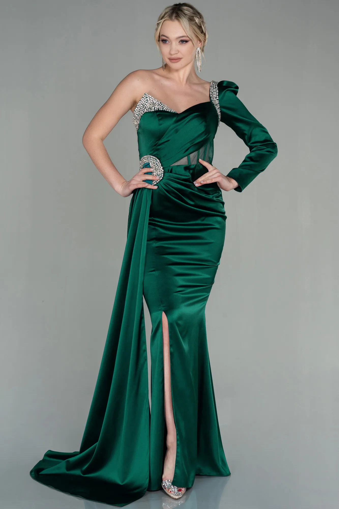 Emerald Green-Long Satin Evening Dress ABU2831