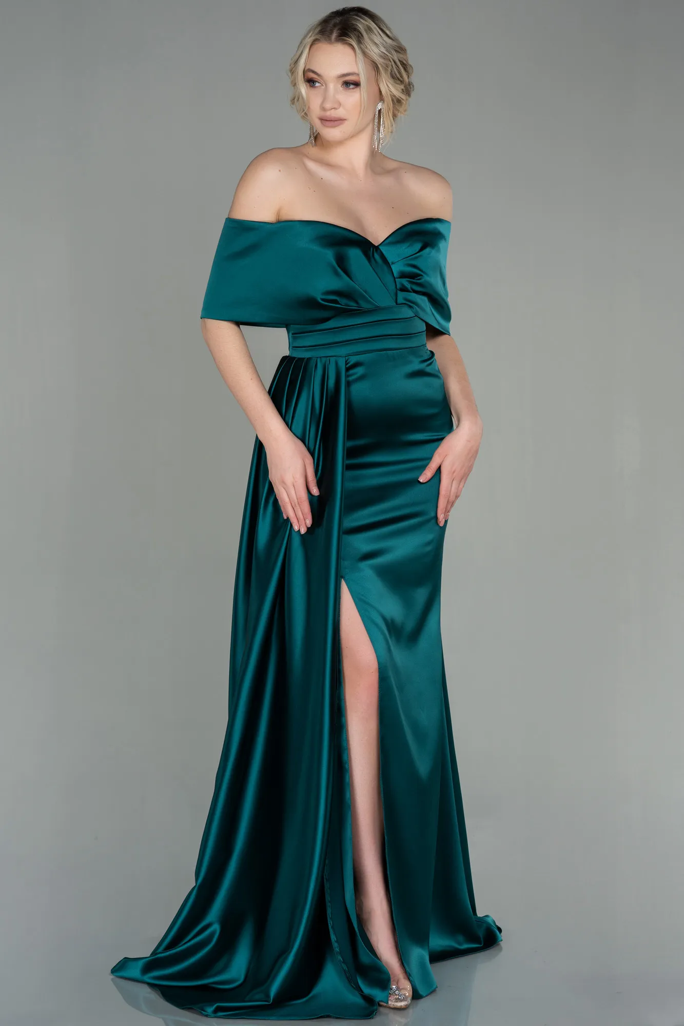 Emerald Green-Long Satin Evening Dress ABU2893
