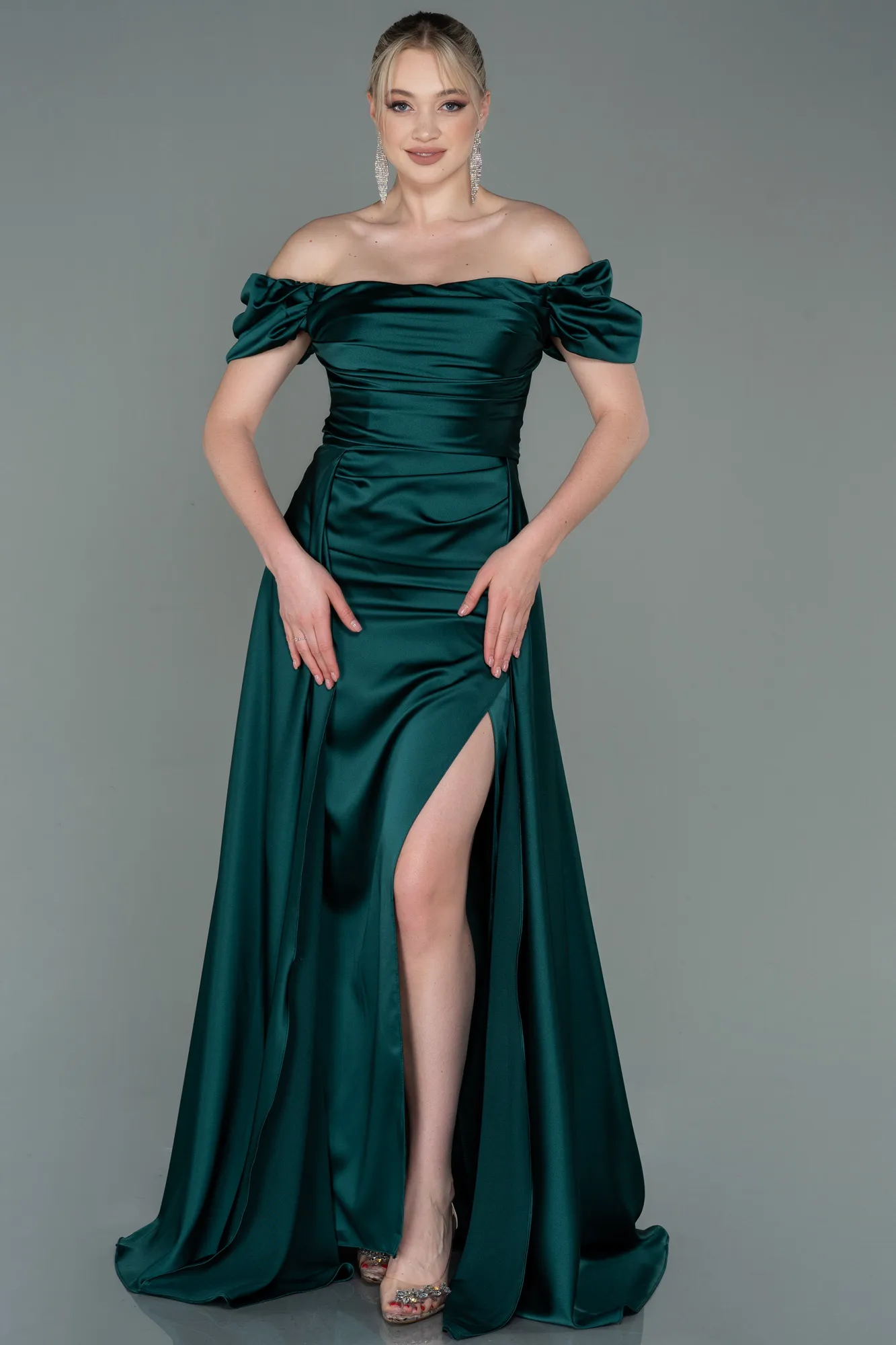 Emerald Green-Long Satin Evening Dress ABU2903