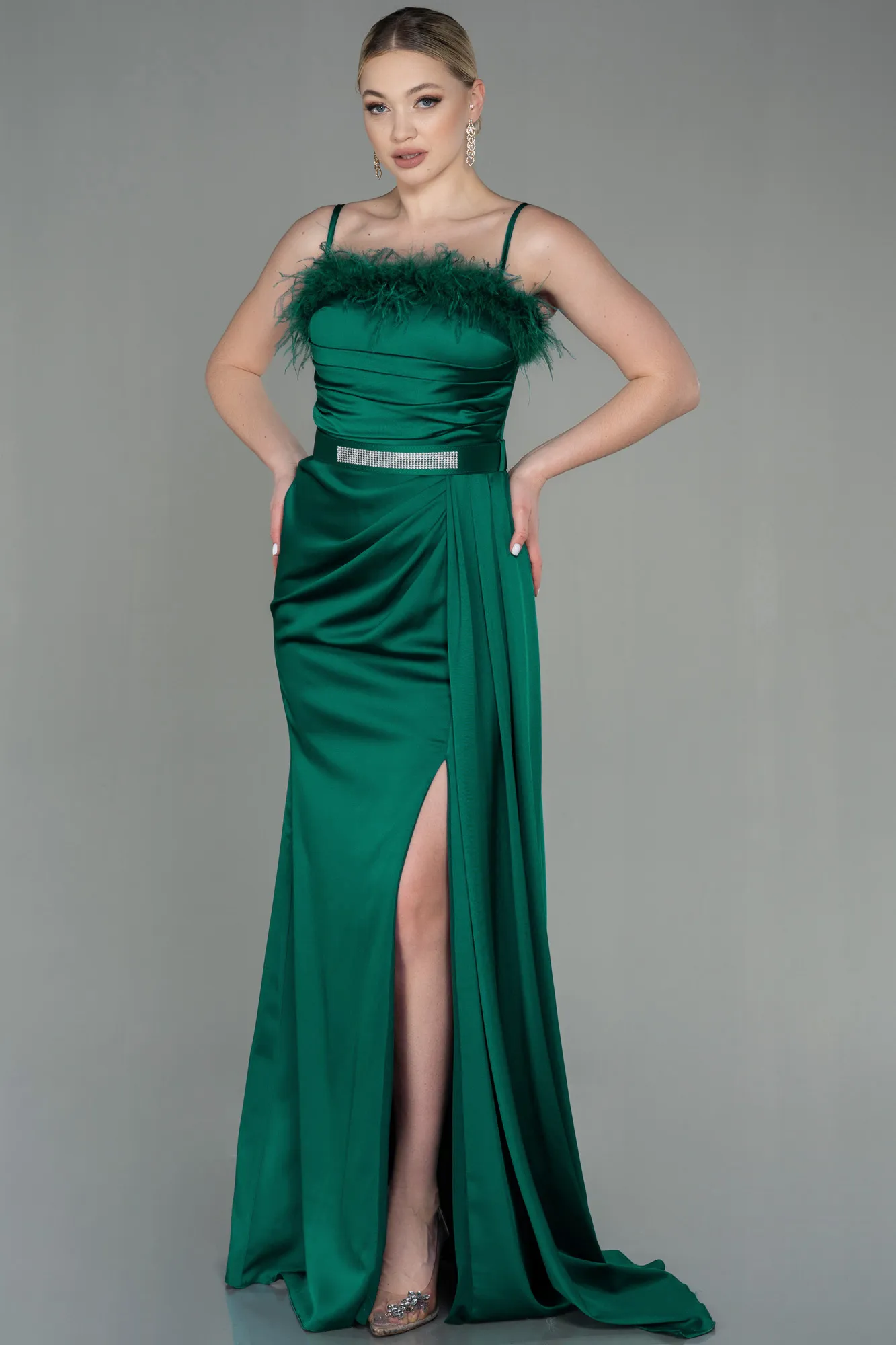 Emerald Green-Long Satin Evening Dress ABU2939