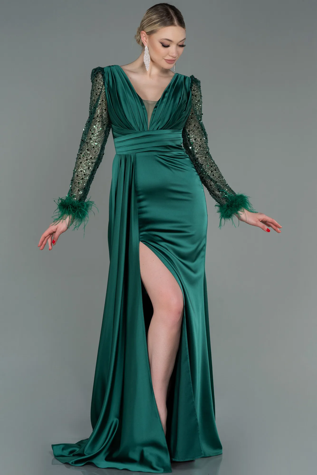 Emerald Green-Long Satin Evening Dress ABU3080