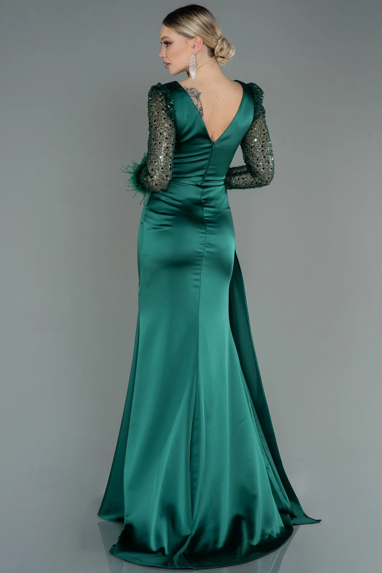 Emerald Green-Long Satin Evening Dress ABU3080