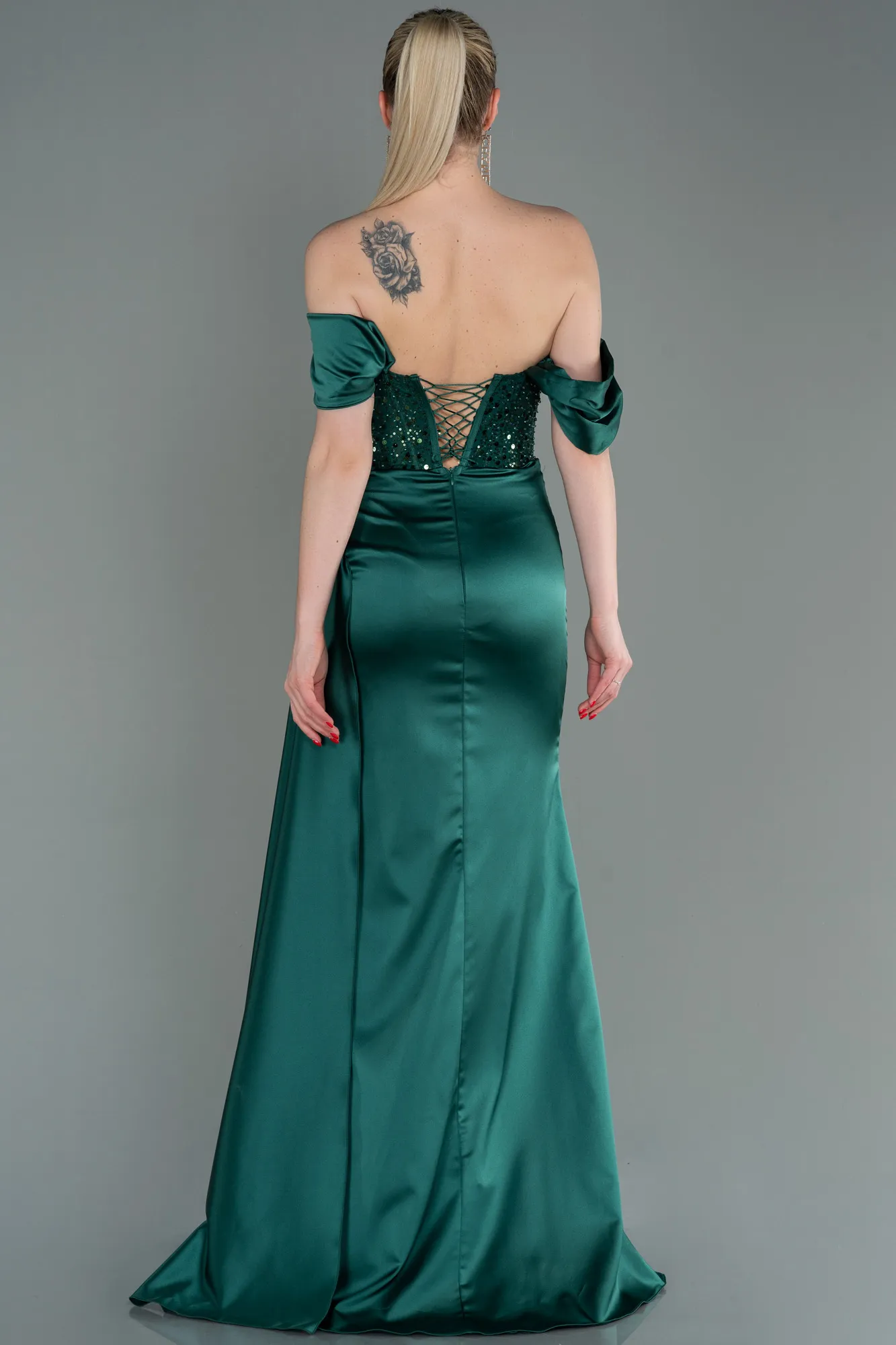 Emerald Green-Long Satin Evening Dress ABU3100