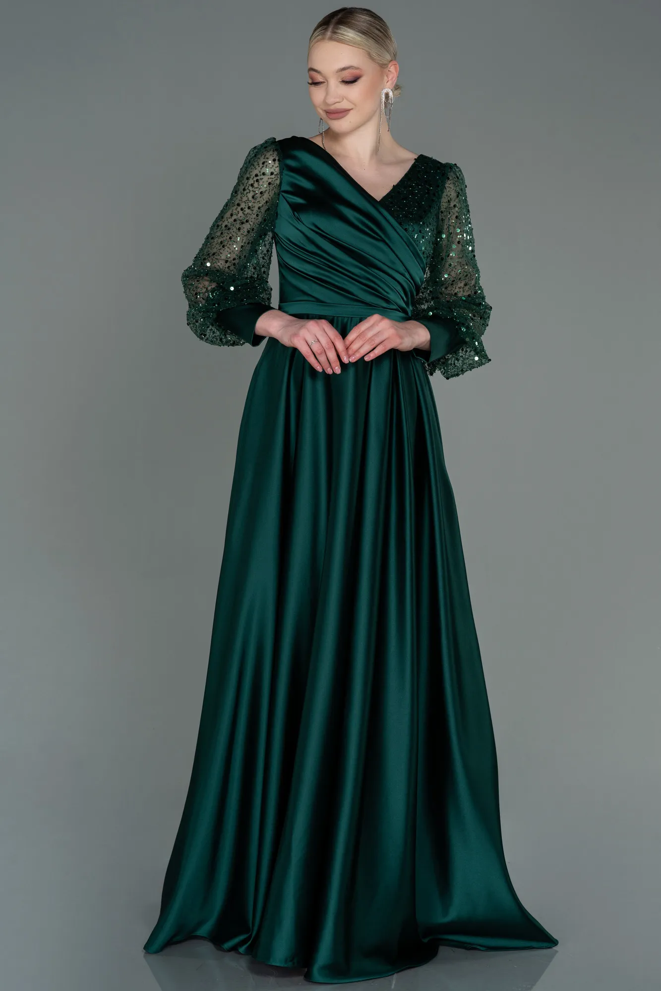 Emerald Green-Long Satin Evening Dress ABU3143