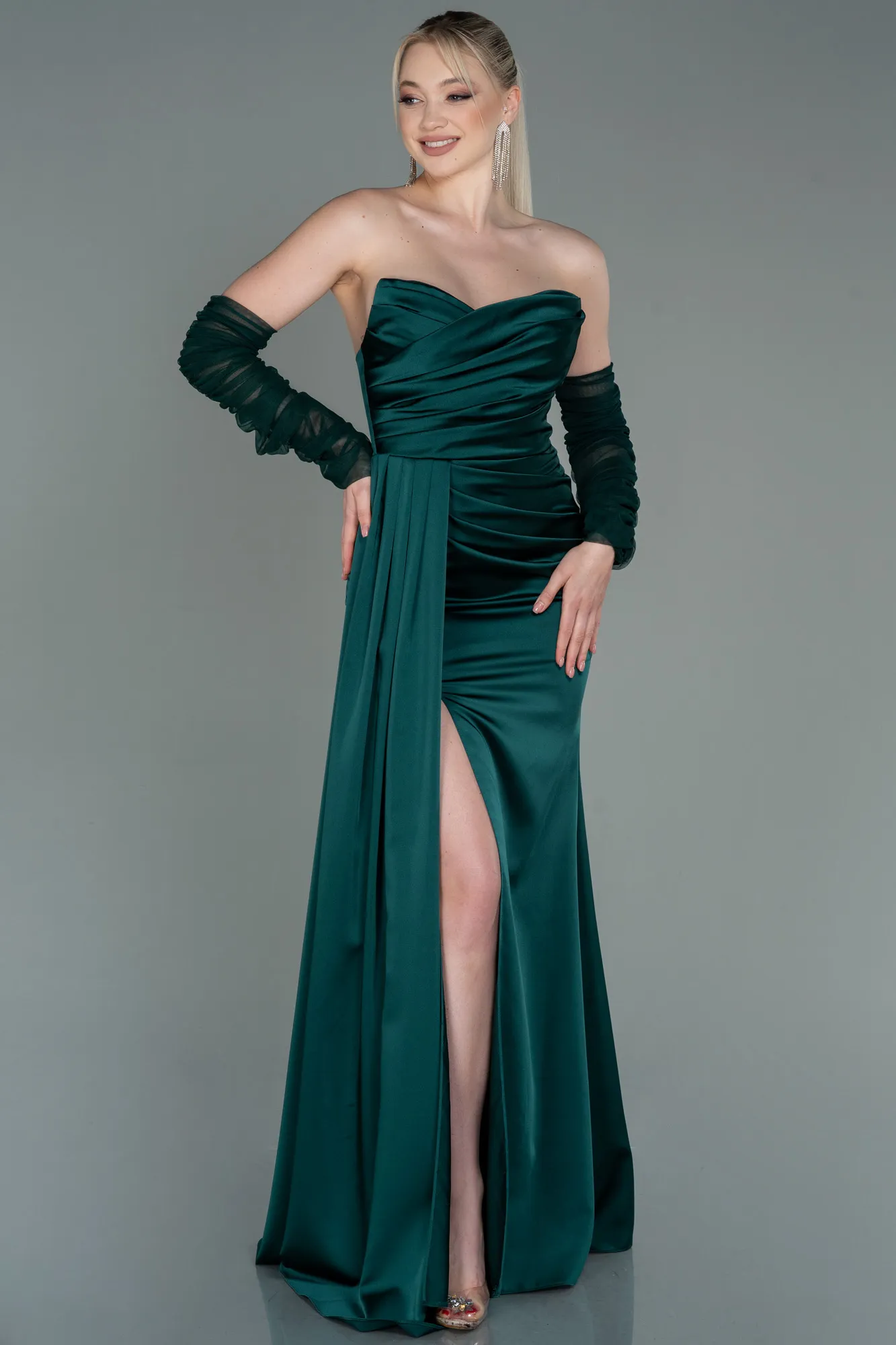 Emerald Green-Long Satin Evening Dress ABU3175