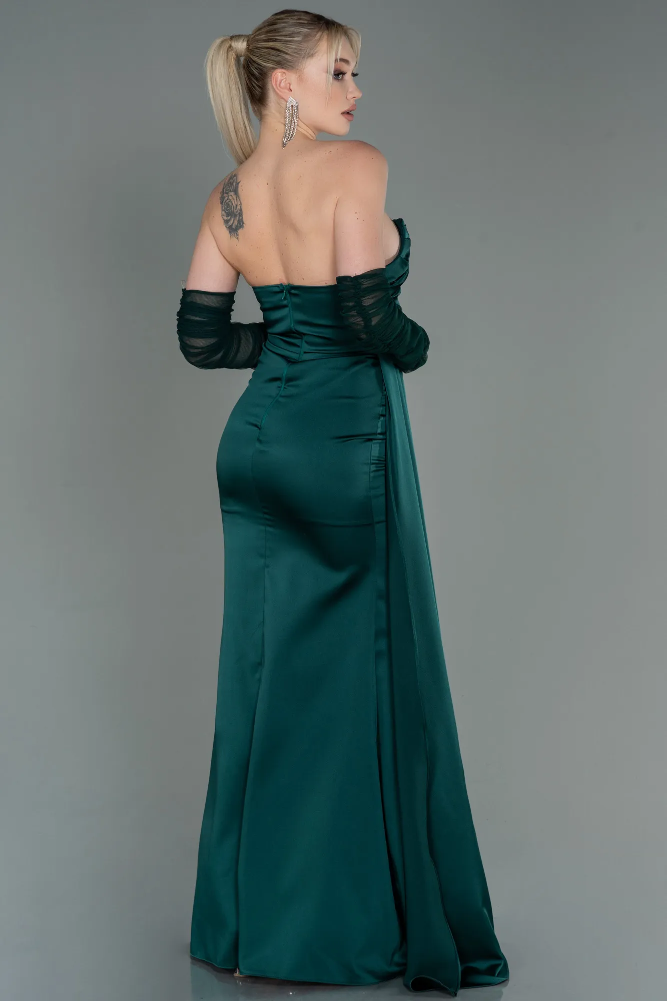 Emerald Green-Long Satin Evening Dress ABU3175