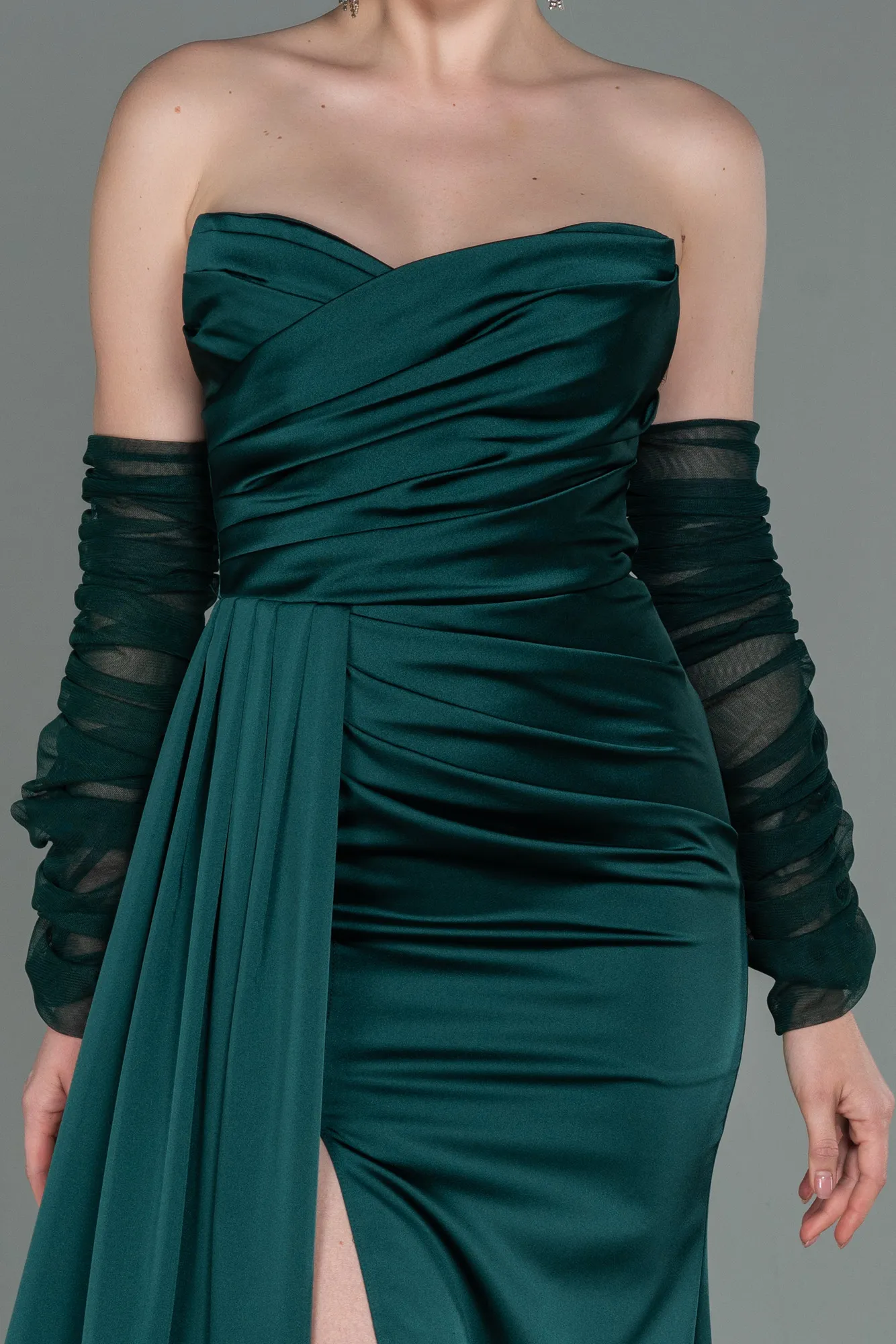 Emerald Green-Long Satin Evening Dress ABU3175