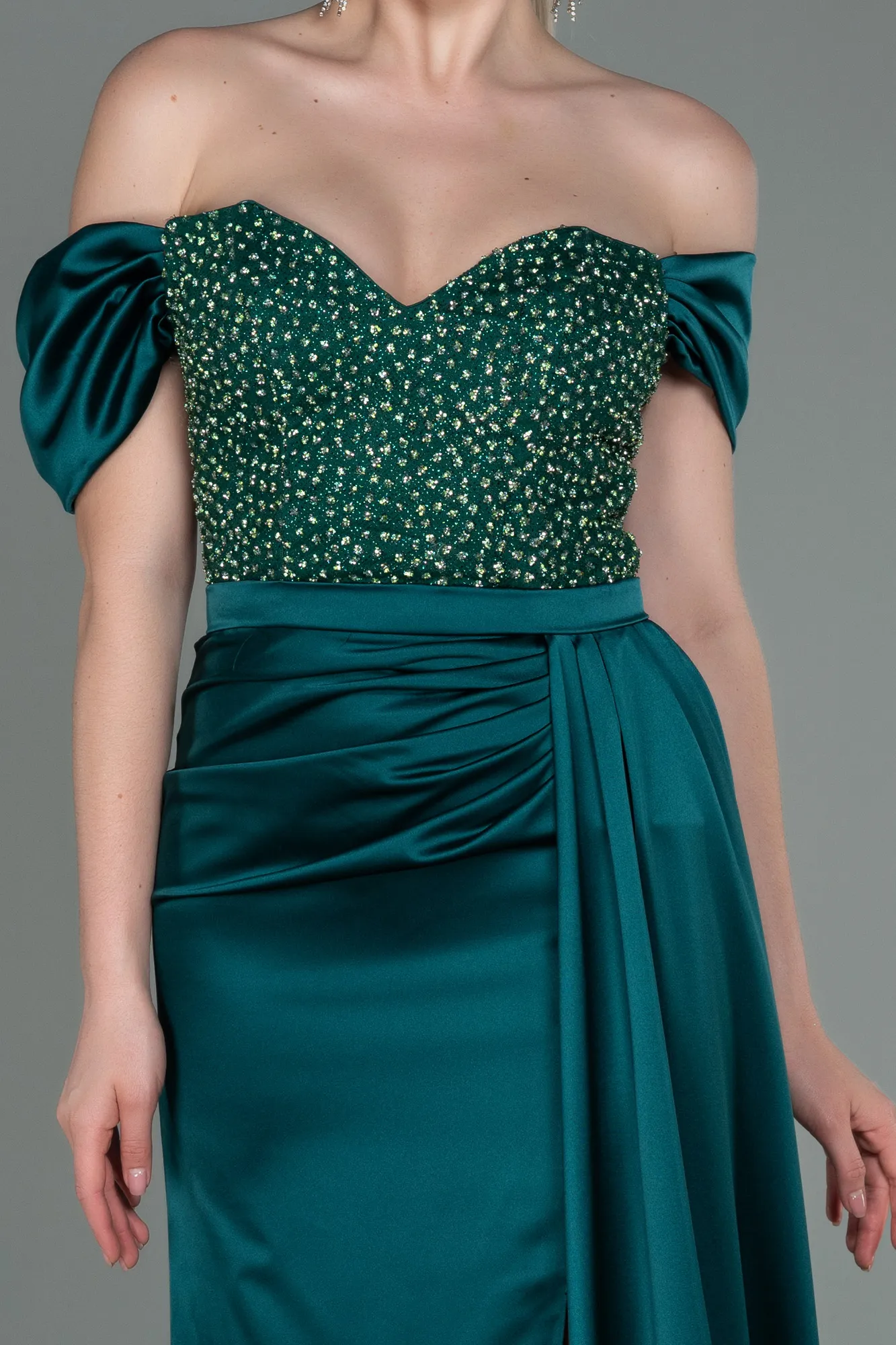 Emerald Green-Long Satin Evening Dress ABU3187