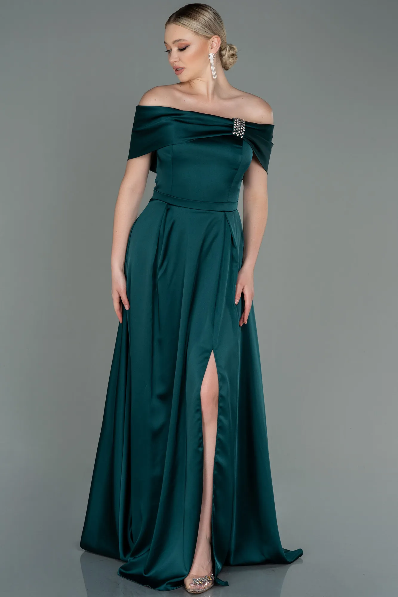 Emerald Green-Long Satin Evening Dress ABU3197
