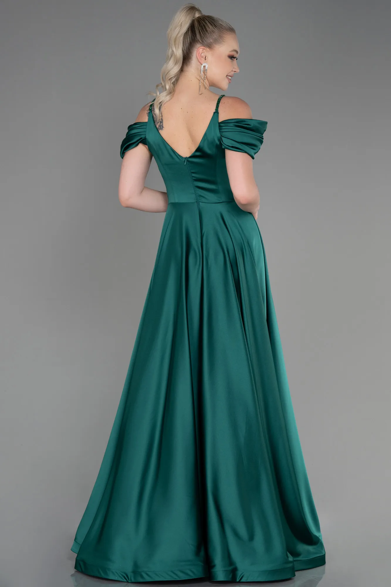 Emerald Green-Long Satin Evening Dress ABU3226