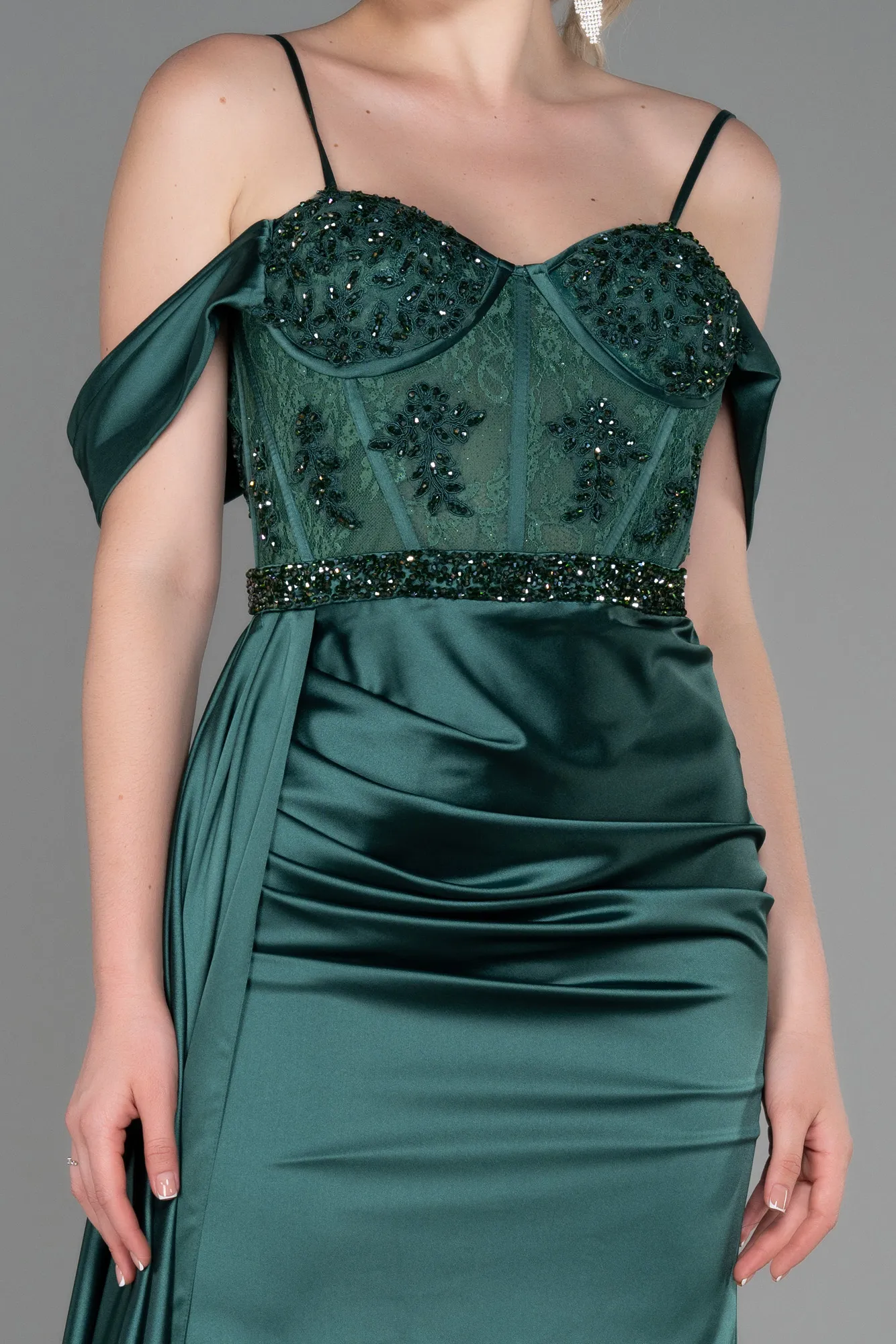 Emerald Green-Long Satin Evening Dress ABU3227