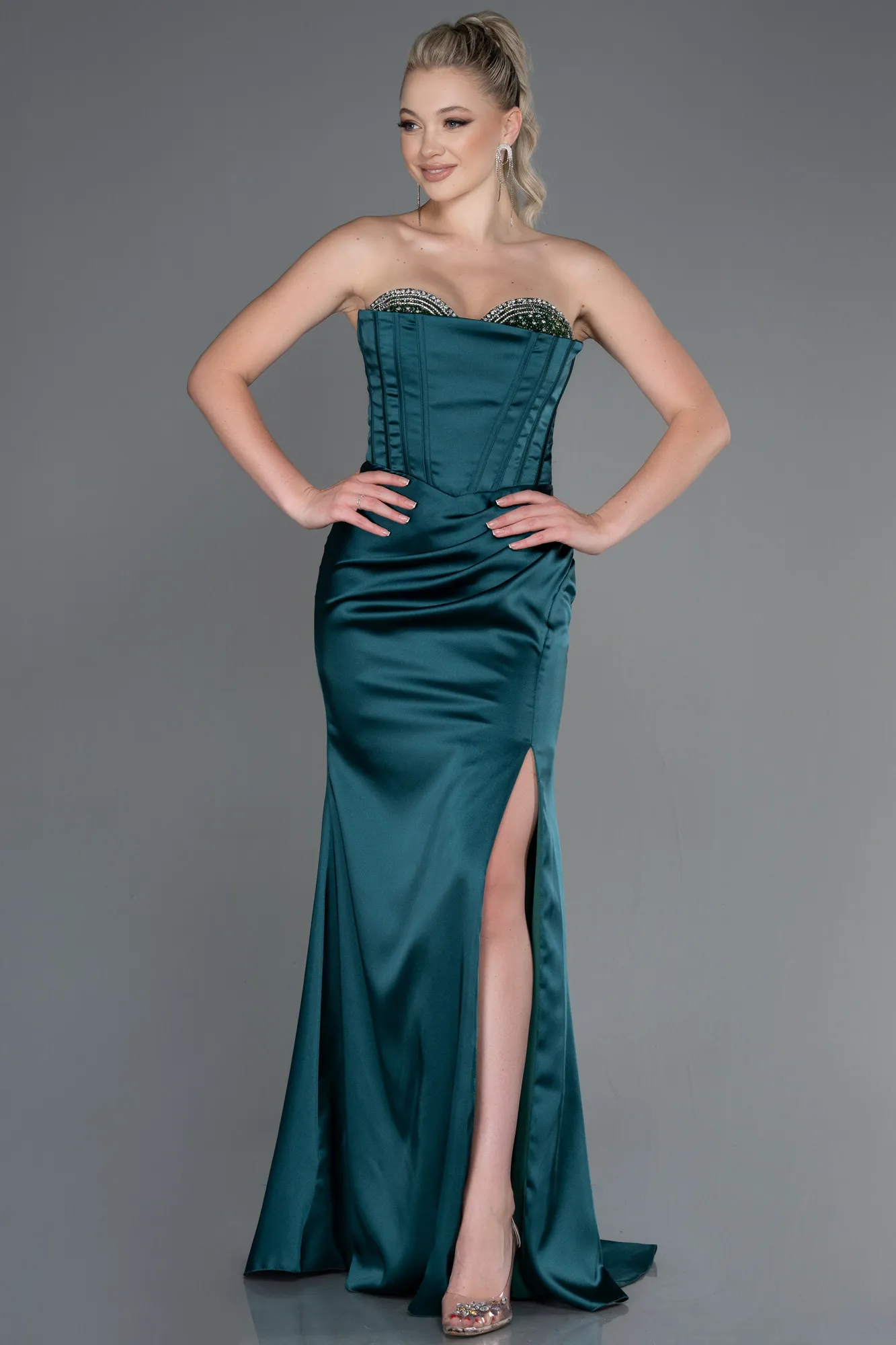 Emerald Green-Long Satin Evening Dress ABU3248