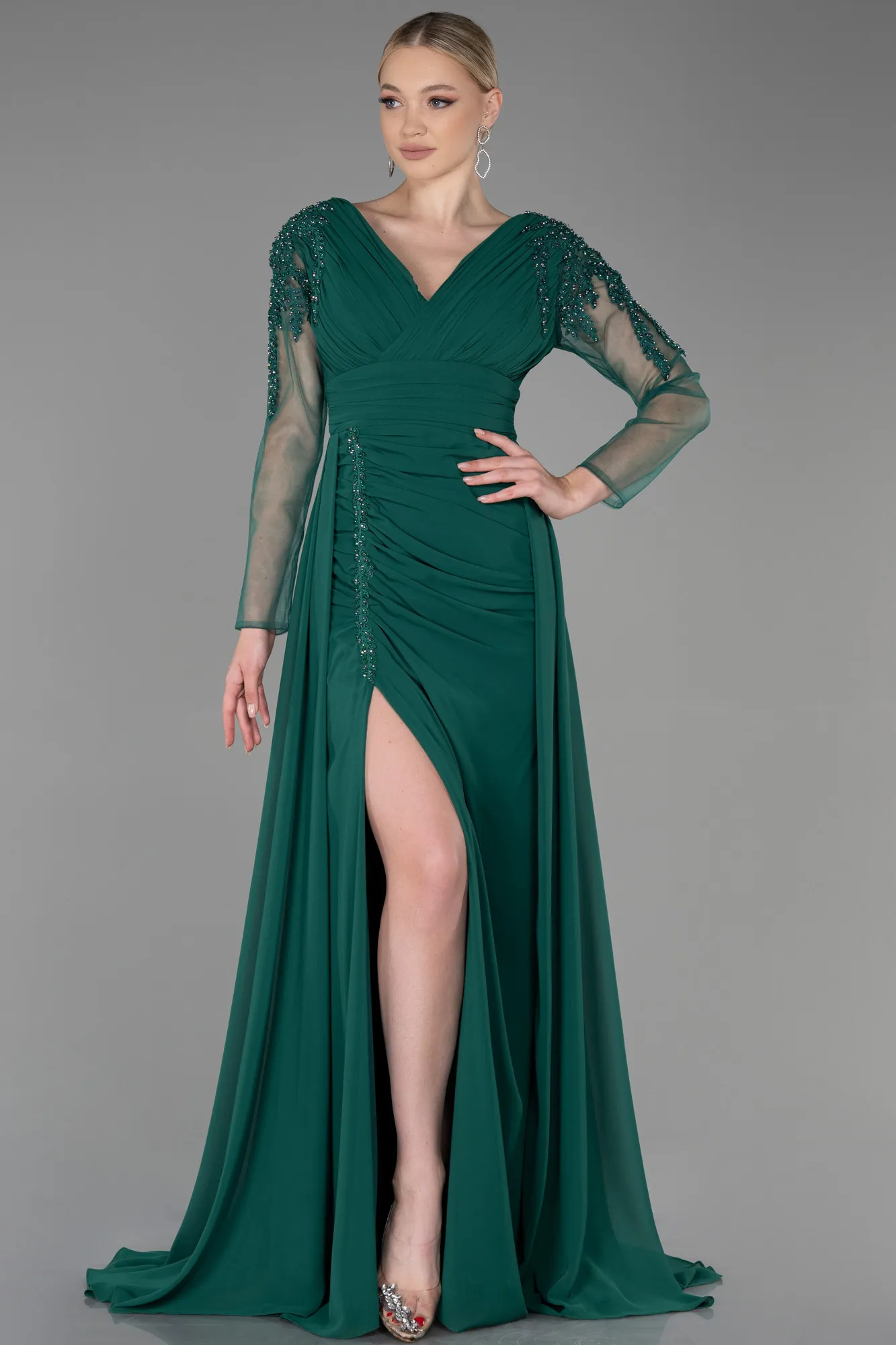 Emerald Green-Long Satin Evening Dress ABU3314