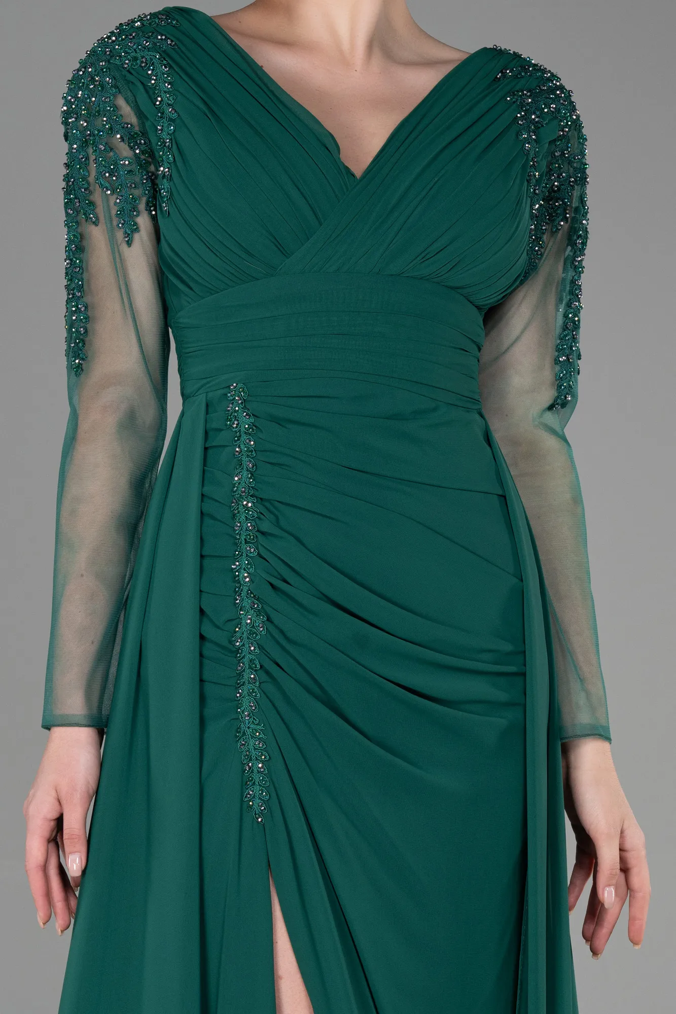Emerald Green-Long Satin Evening Dress ABU3314