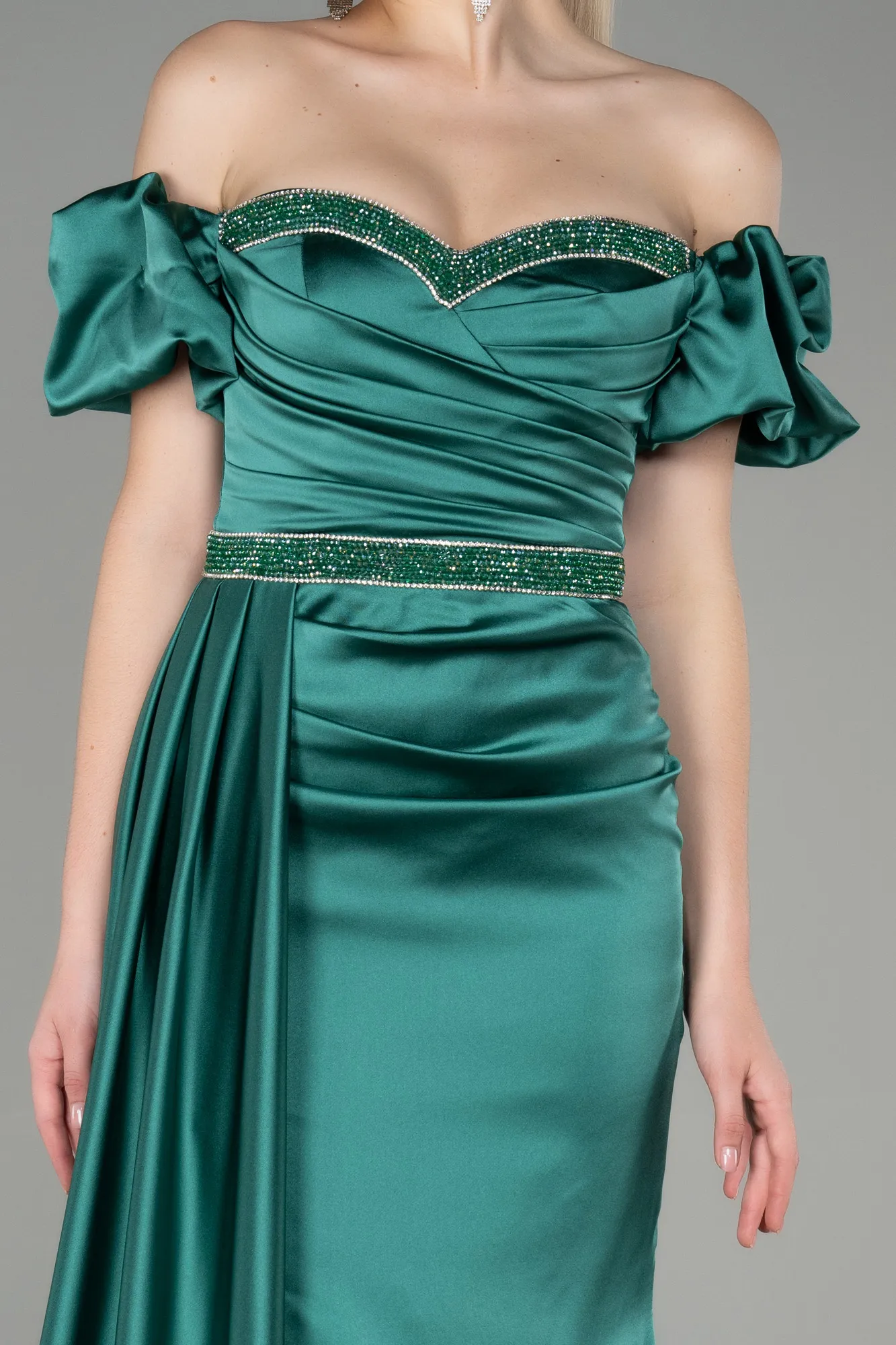 Emerald Green-Long Satin Evening Dress ABU3331