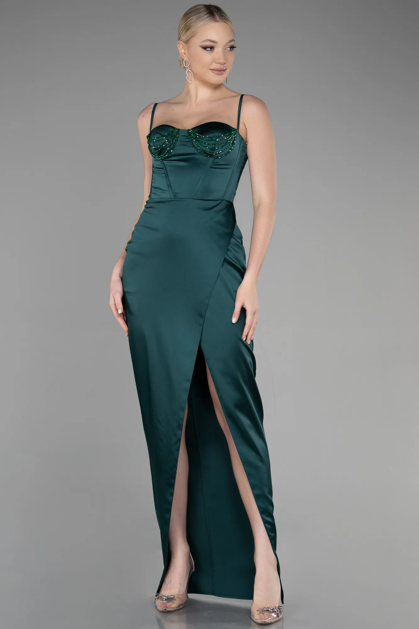 Emerald Green-Long Satin Evening Dress ABU3390