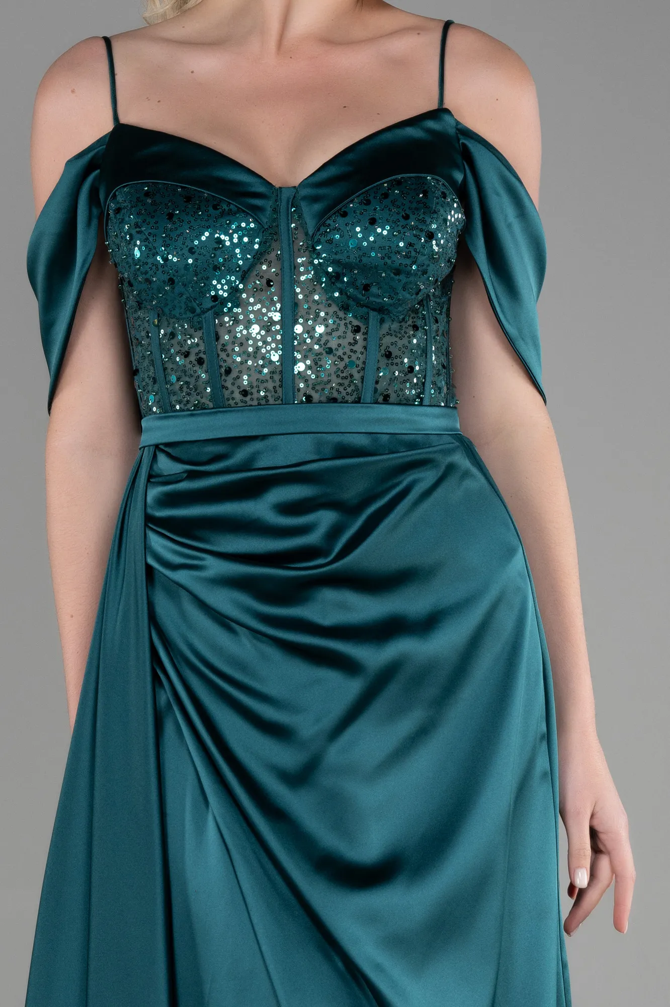 Emerald Green-Long Satin Evening Dress ABU3391