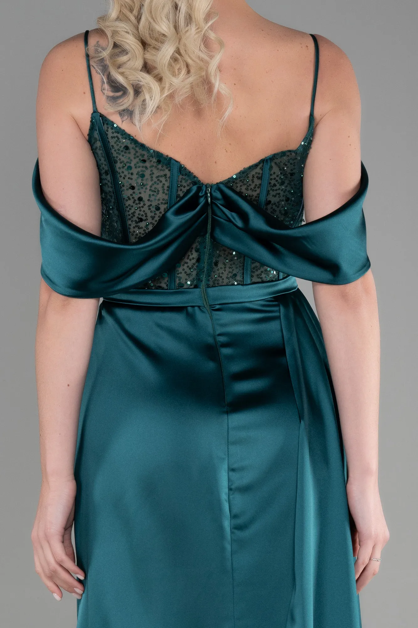 Emerald Green-Long Satin Evening Dress ABU3391