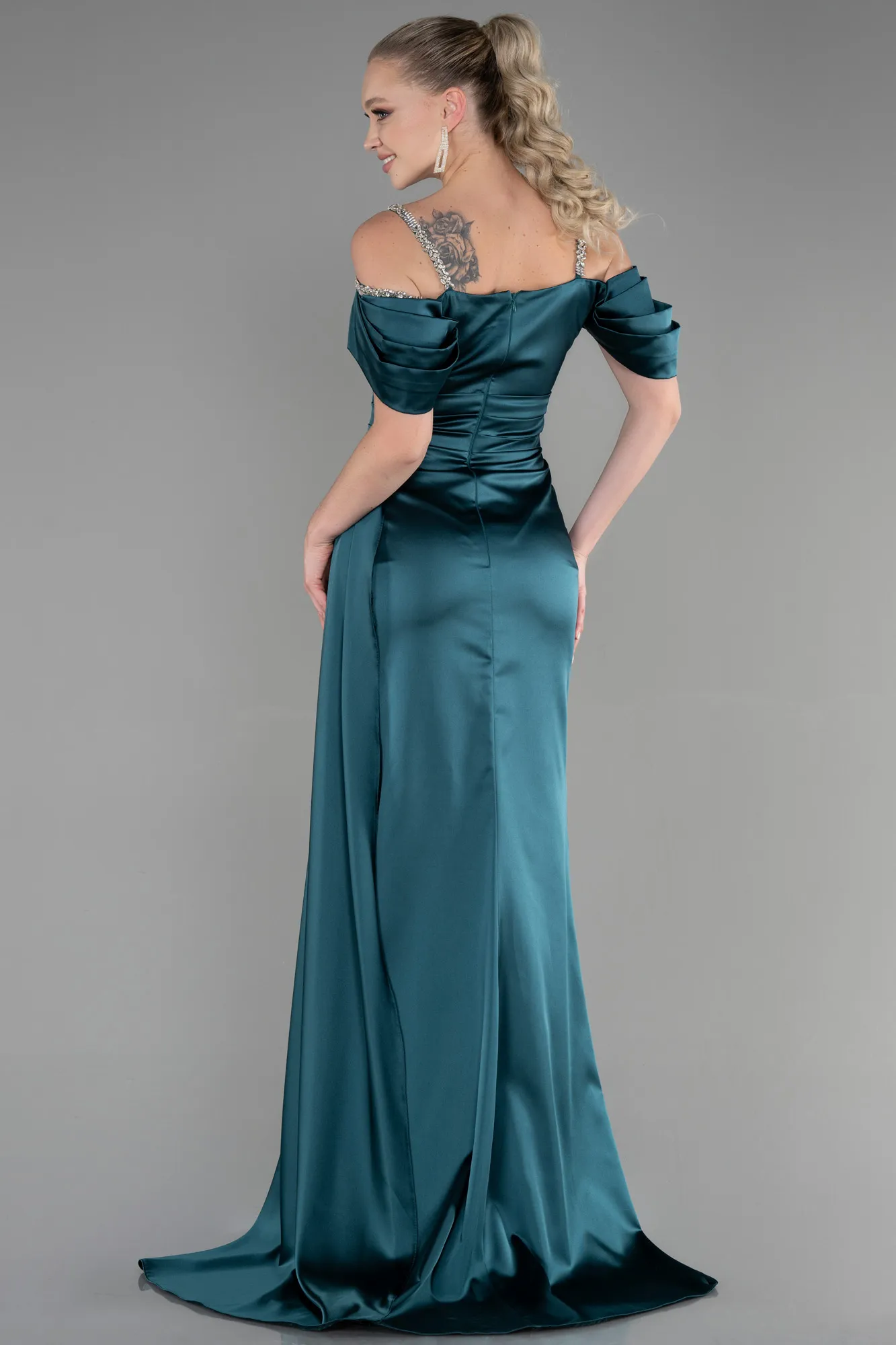 Emerald Green-Long Satin Evening Dress ABU3398