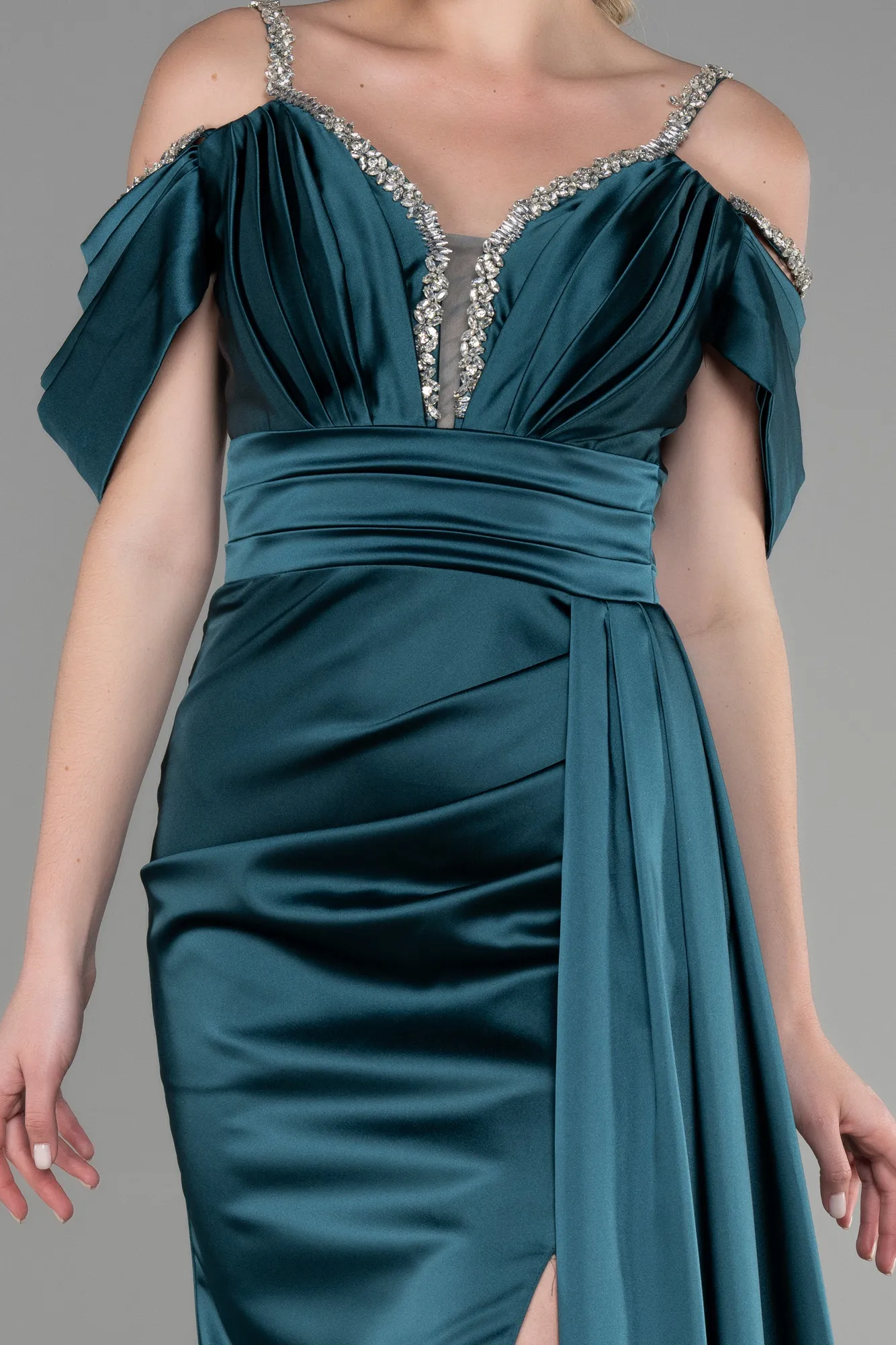 Emerald Green-Long Satin Evening Dress ABU3398