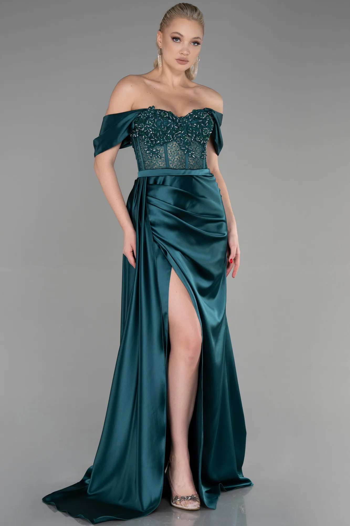 Emerald Green-Long Satin Evening Dress ABU3446
