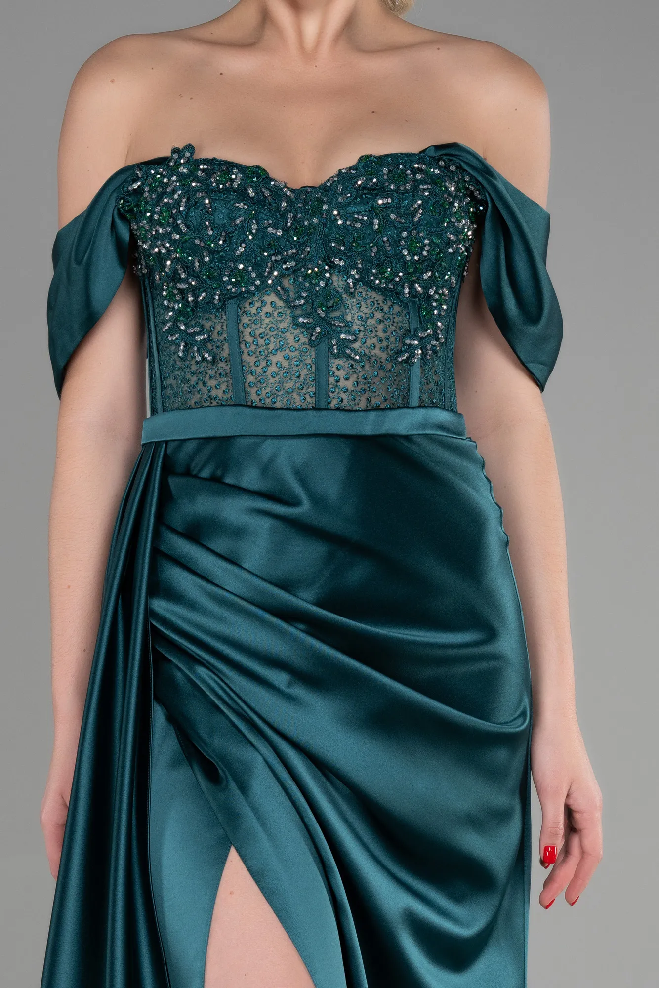 Emerald Green-Long Satin Evening Dress ABU3446